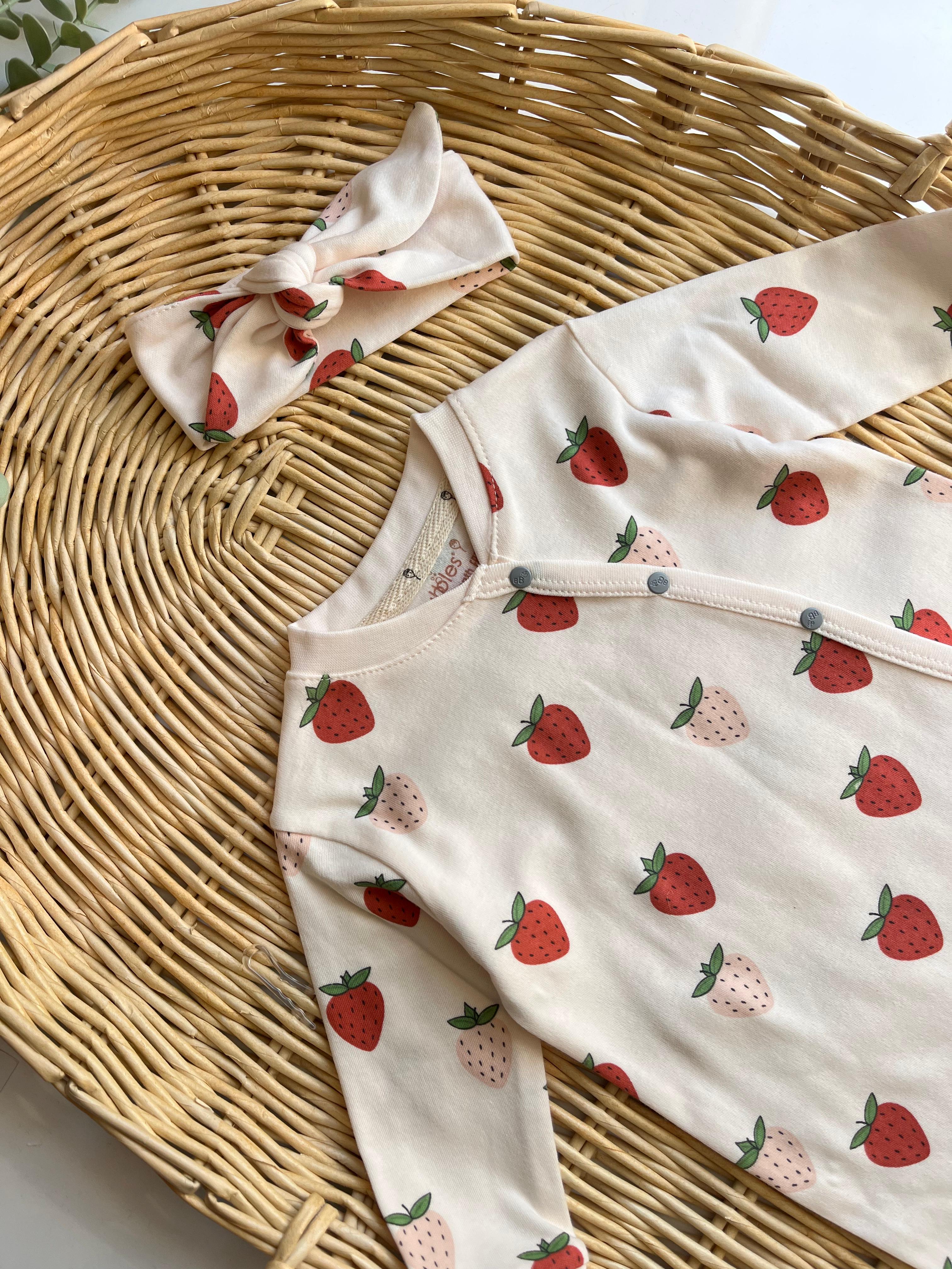 %100 Pamuk Bandanalı Çilek Desen Tulum