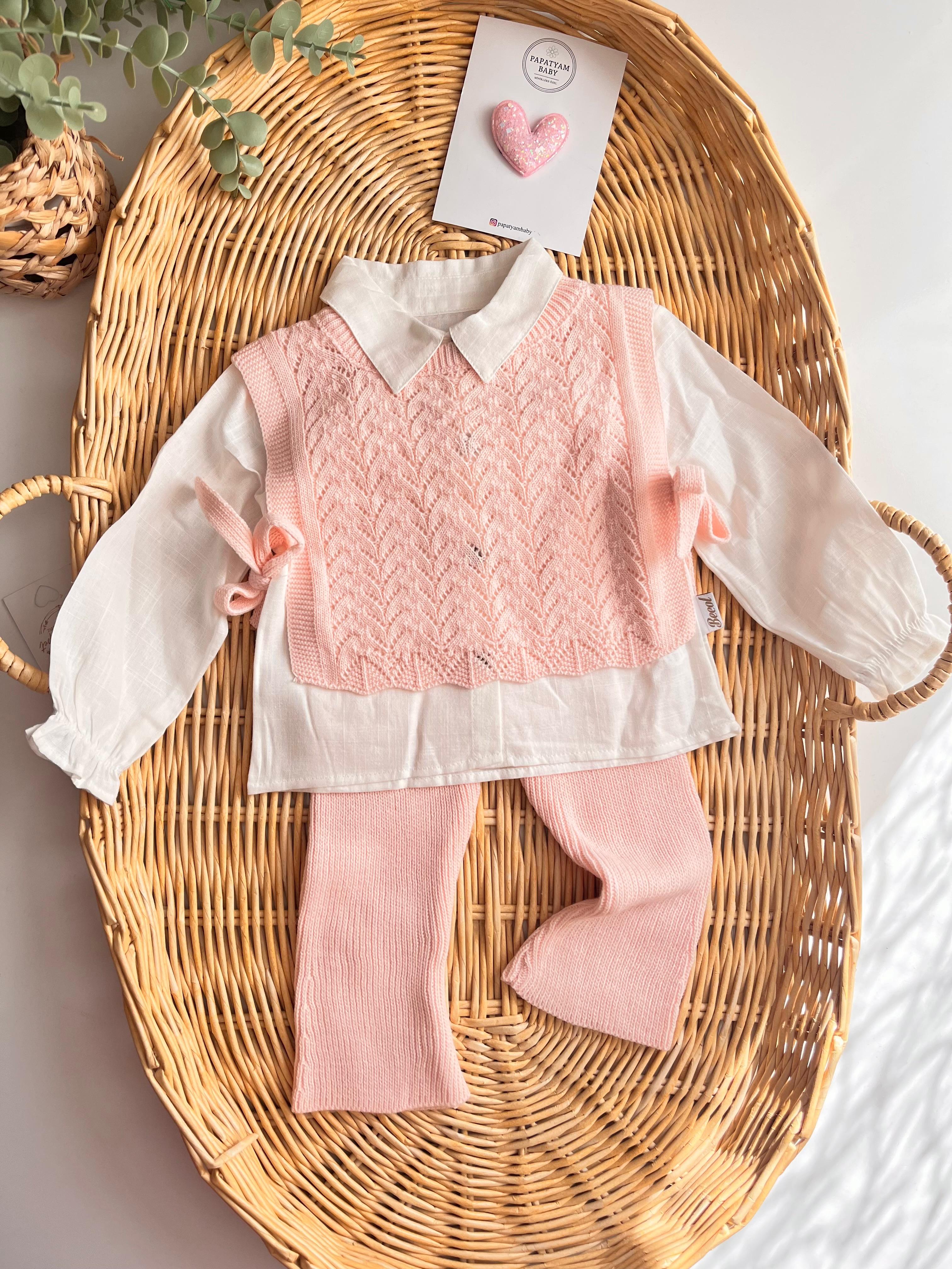 Triko Süveterli Gömlek Alt 3'lü Takım Açık Pembe