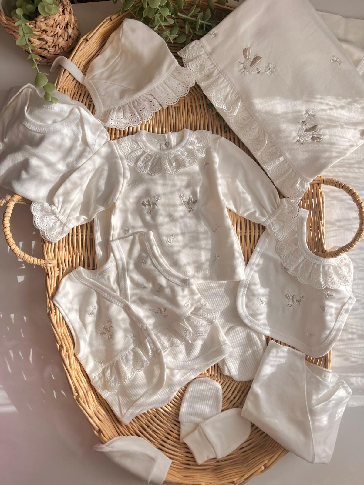 %100 Pamuk Kuş Nakışlı 10 Parça Yenidoğan Set