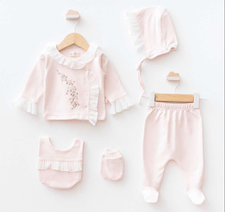 Perla %100 Pamuk premium Çiçek Nakış 5'li Yenidoğan set Pembe