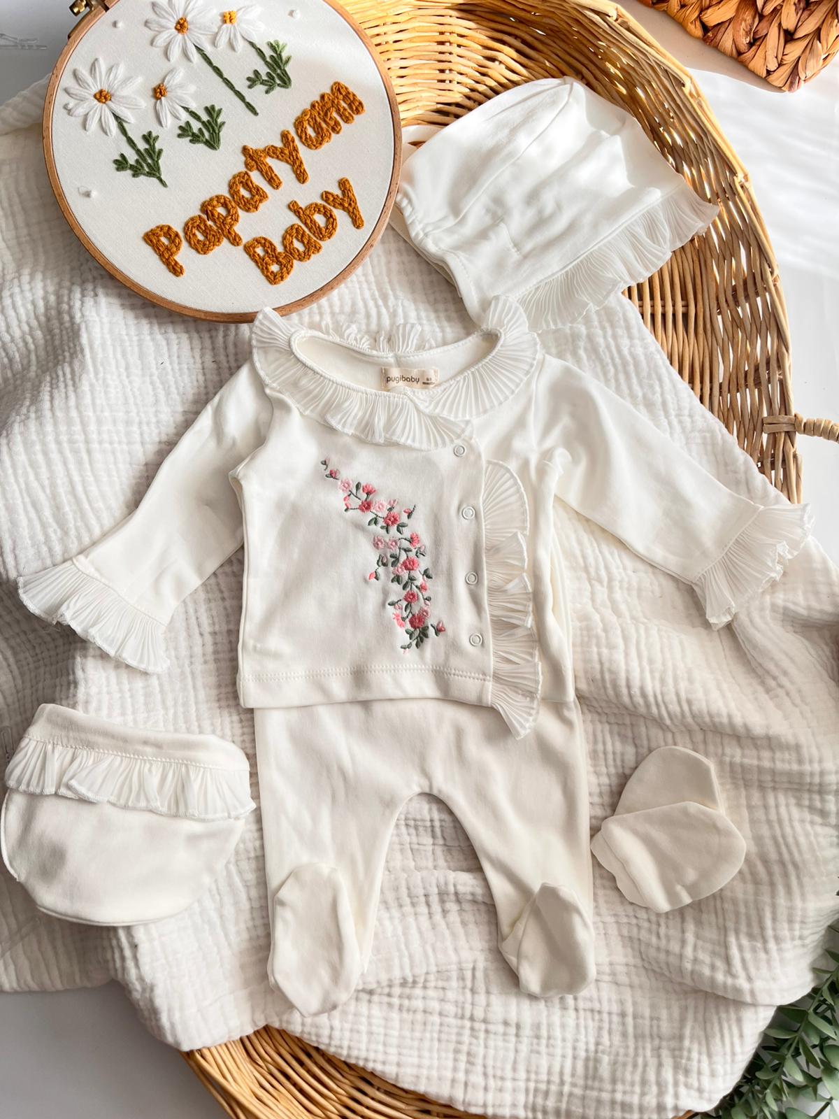 Perla %100 Pamuk premium Çiçek Nakış 5'li Yenidoğan set Ekru