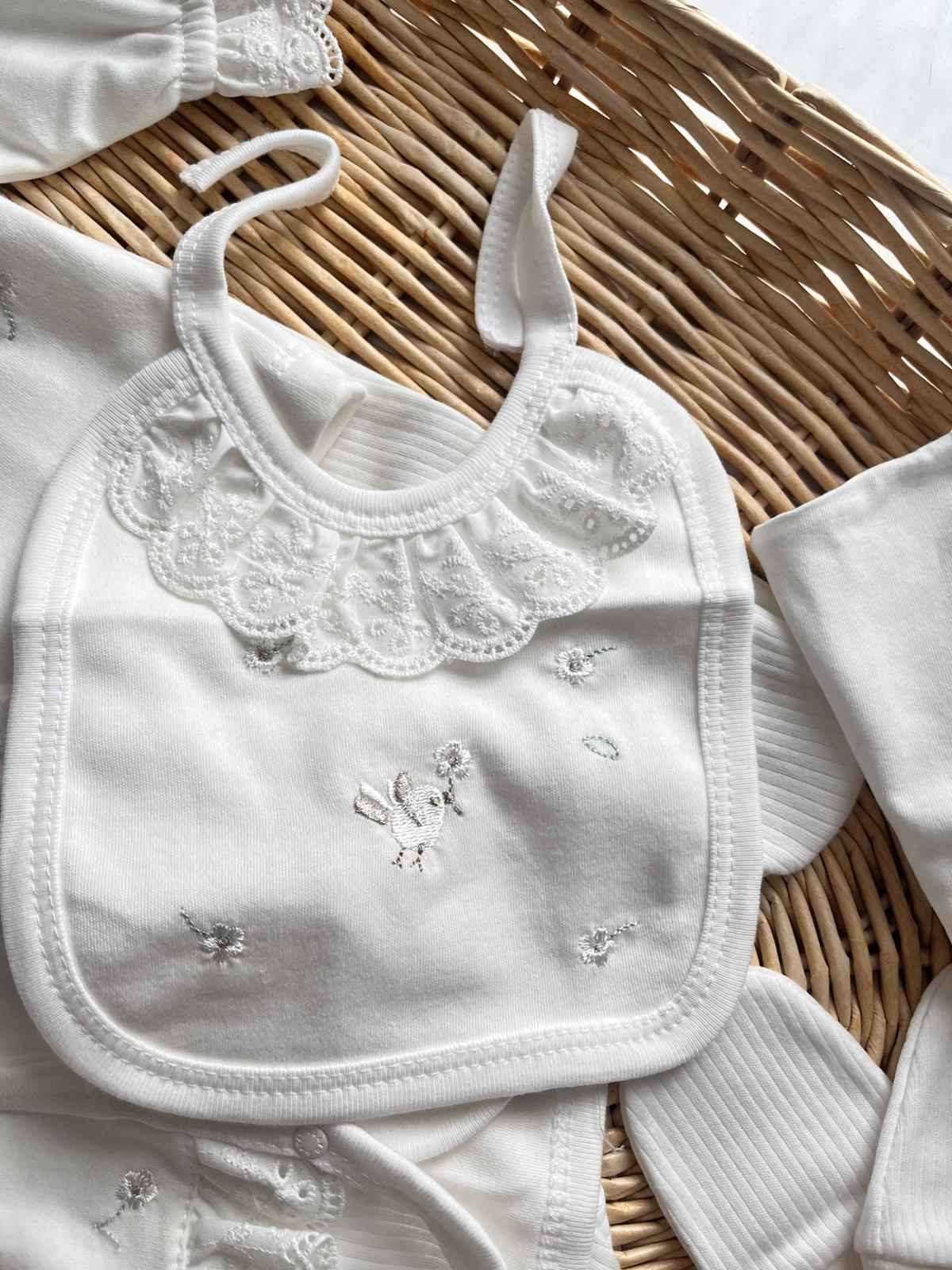 %100 Pamuk Kuş Nakışlı 10 Parça Yenidoğan Set