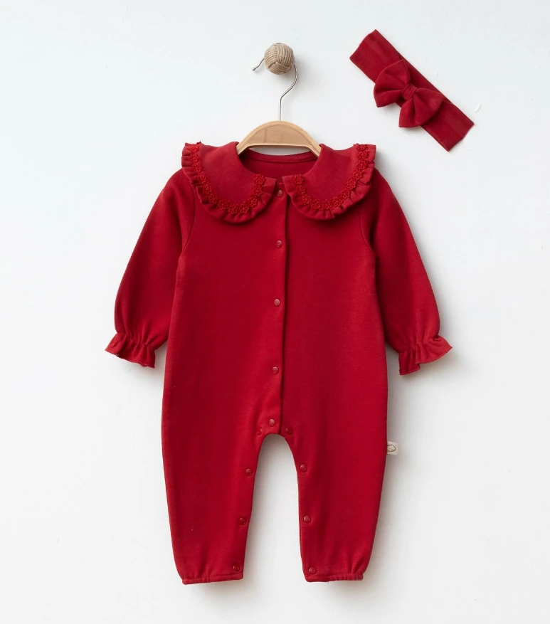 %100 Pamuk Red Love Bandanalı Yaka Çiçek Nakış Detaylı Tulum