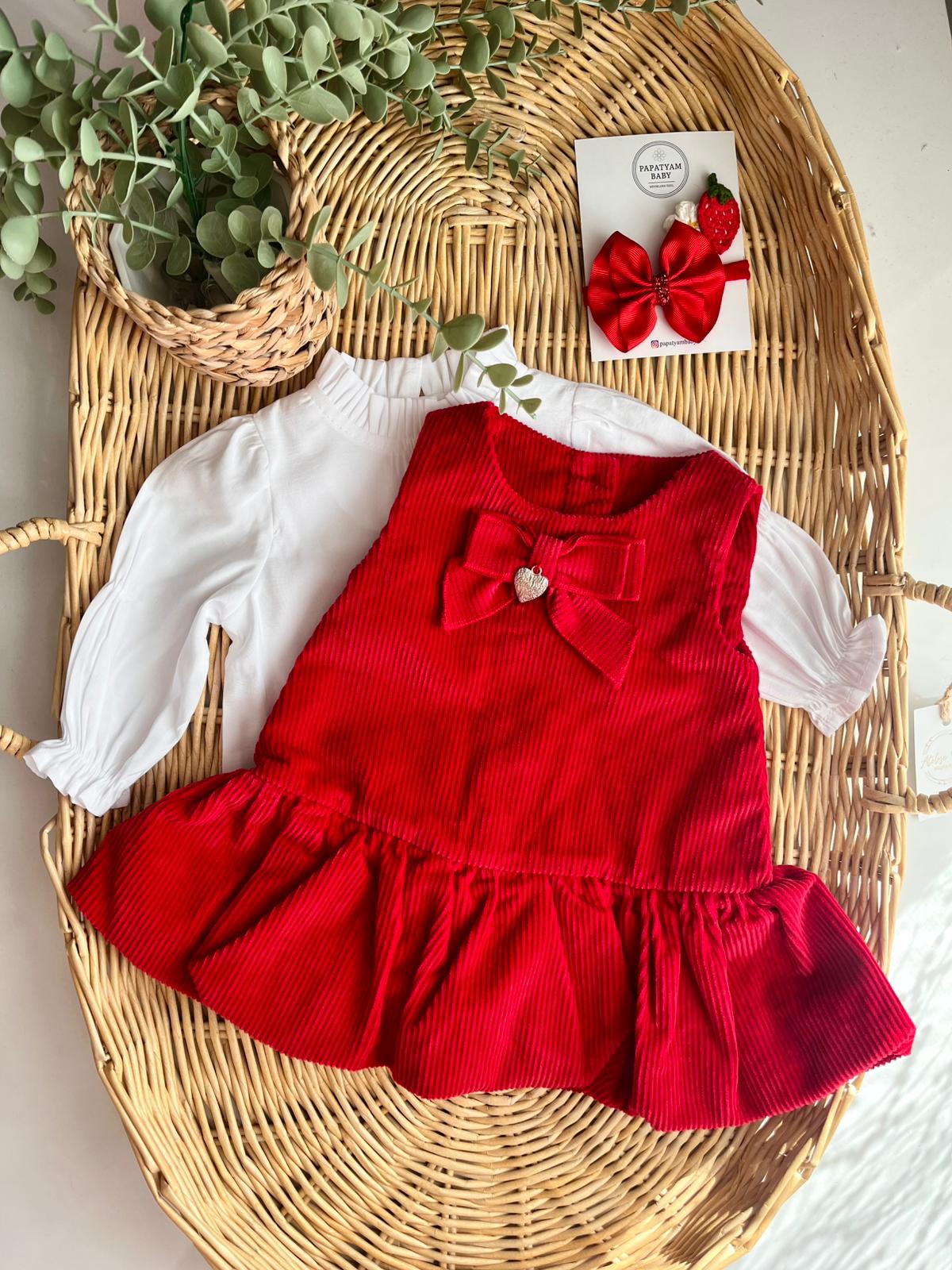 İlenia Kadife Balon etek Elbise Gömlek 2'li Kırmızı