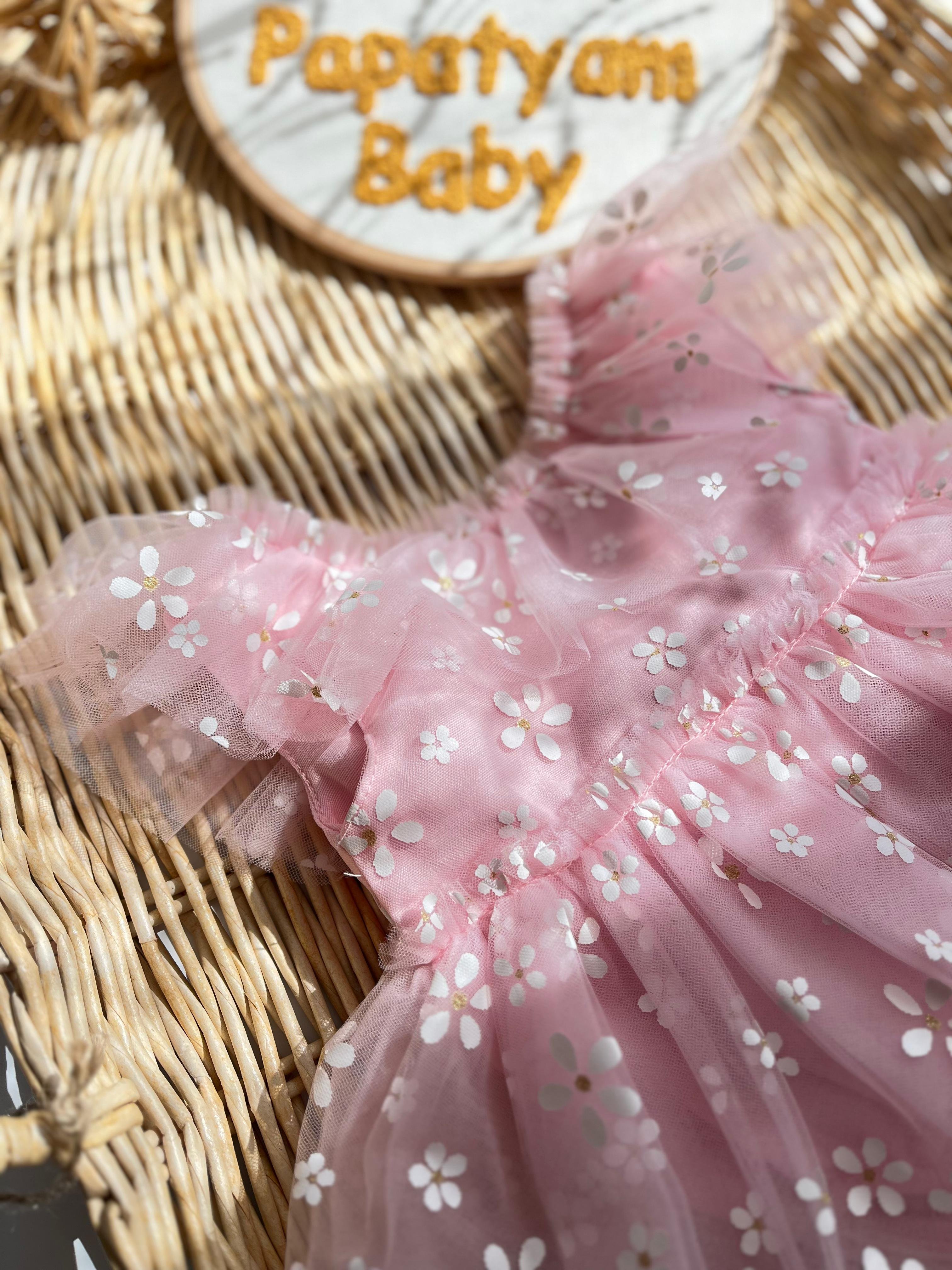 Bloom Papatya Desen Arkası Bağlamalı V sırt Detay Tül Elbise Pembe