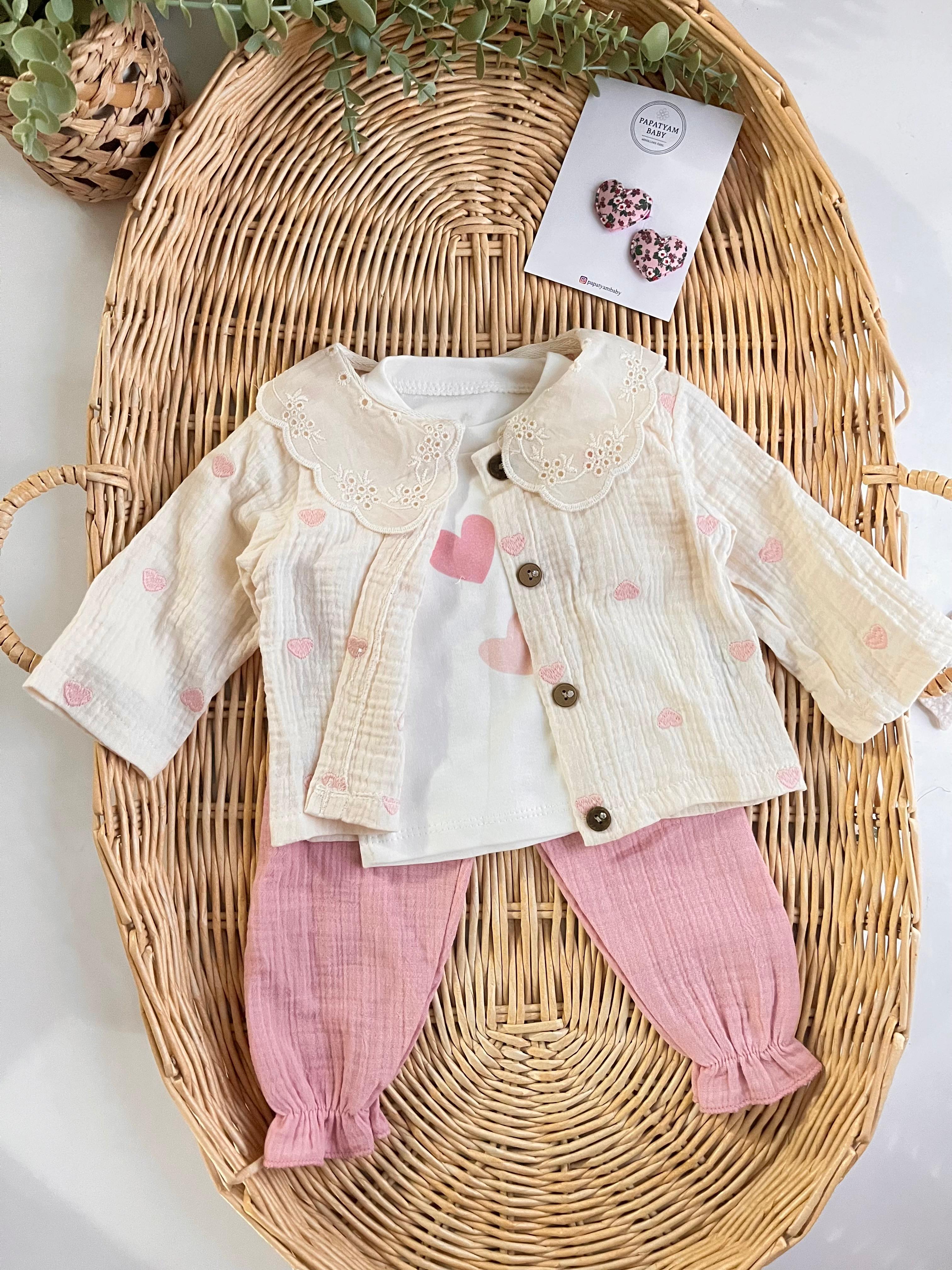 %100 Pamuk Fisto Yakalı Müslin Kumaş Kalp Nakış Hırka, Tshirt Alt 3'lü Müslin Takım