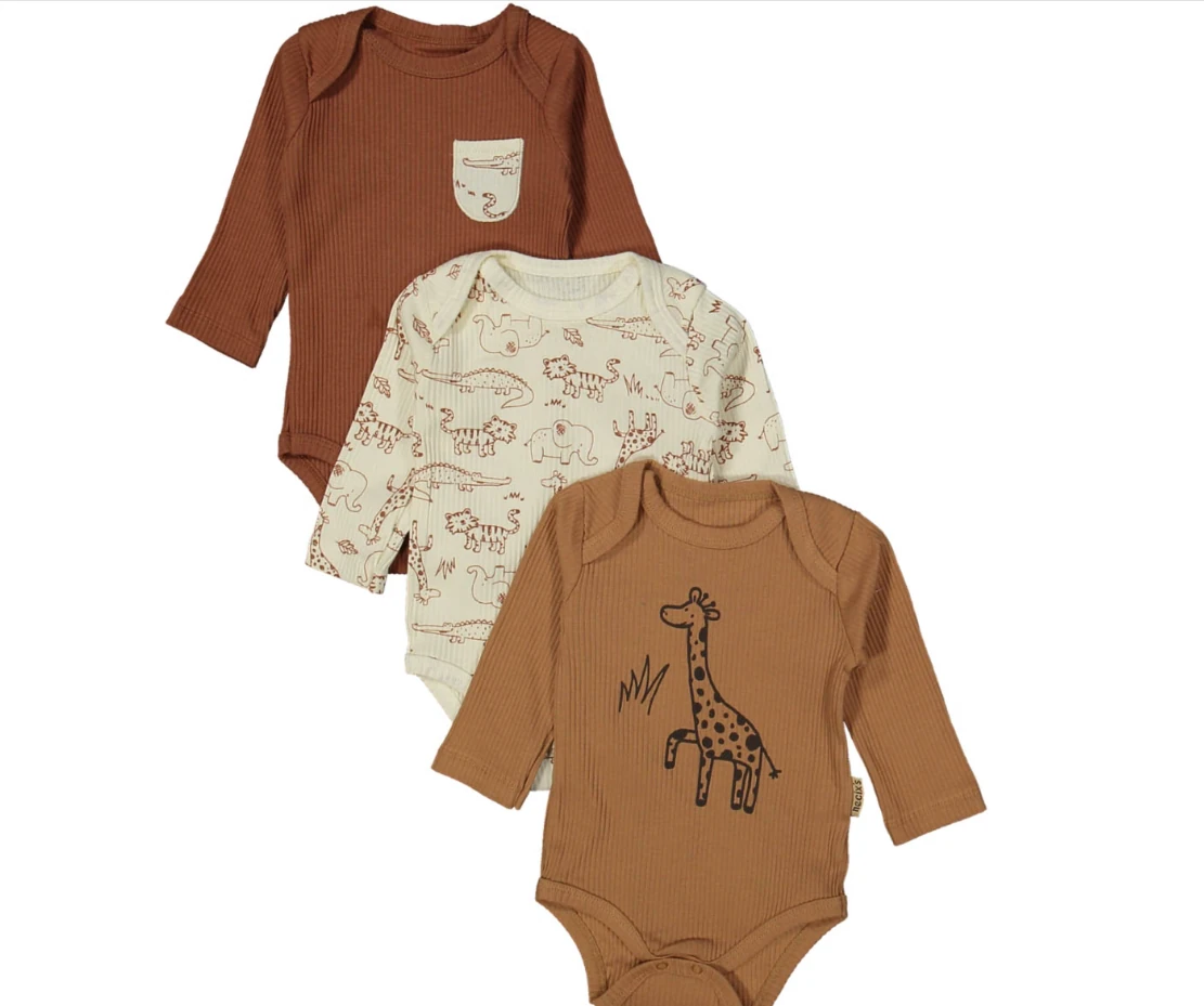 %100 Pamuk Erkek Bebek Zürafa Desen 3'lü  Body