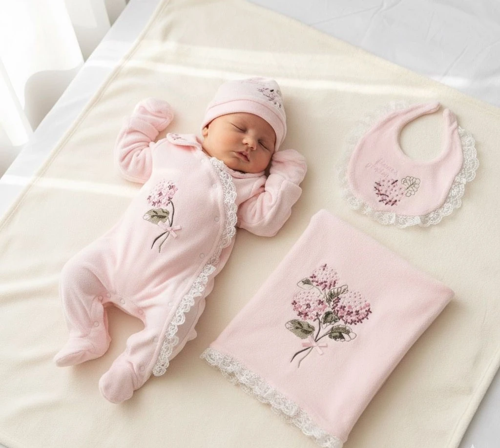 Premium Kadife Ortanca Nakış Detaylı Dantel Kenar Battaniye Şapka Eldiven Önlük 5 Parça Tulum Set Pembe Kutulu Ürün