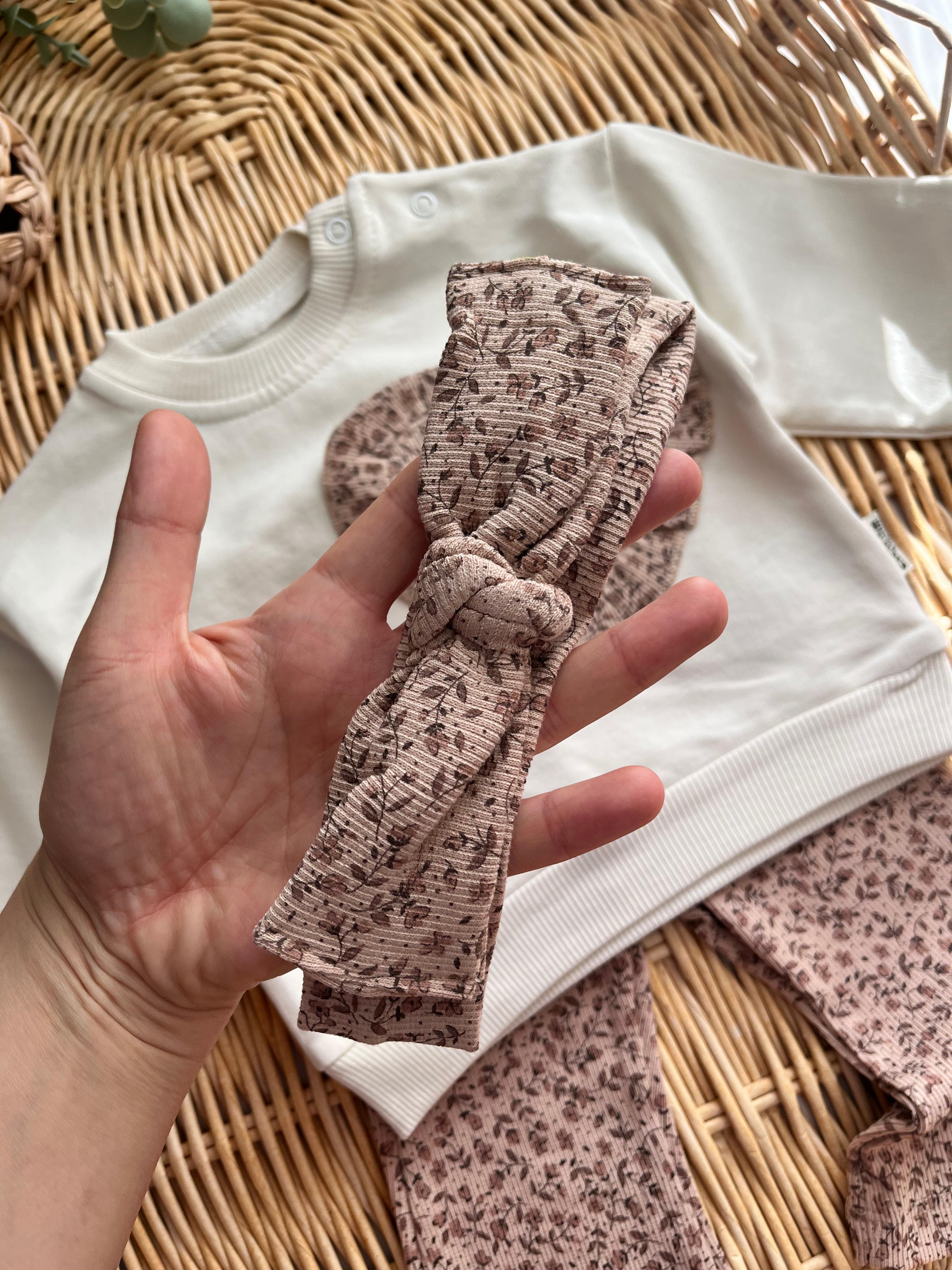 Çıtır Mini Çiçek Desen Kalp Detay Bandanalı 3'lü Takım Kahve