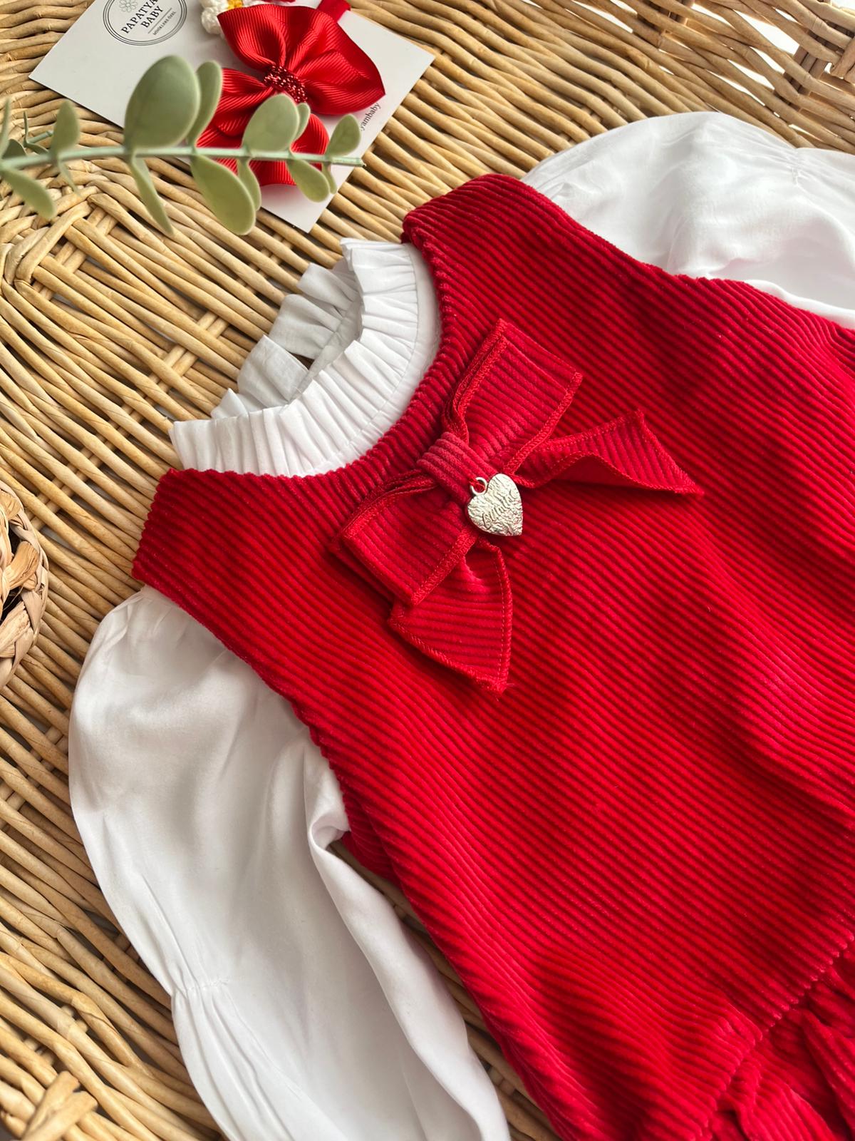 İlenia Kadife Balon etek Elbise Gömlek 2'li Kırmızı