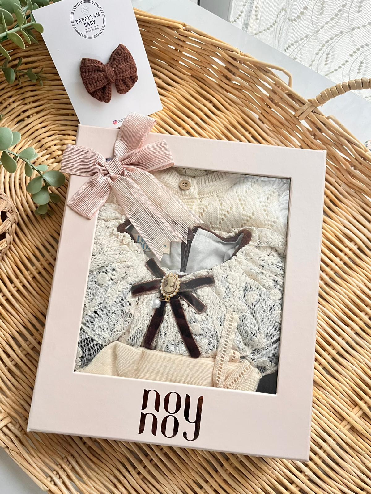 Kadife Premium Elbise Çorap Triko Hırka 3'lü Özel Kutulu Set Kahve