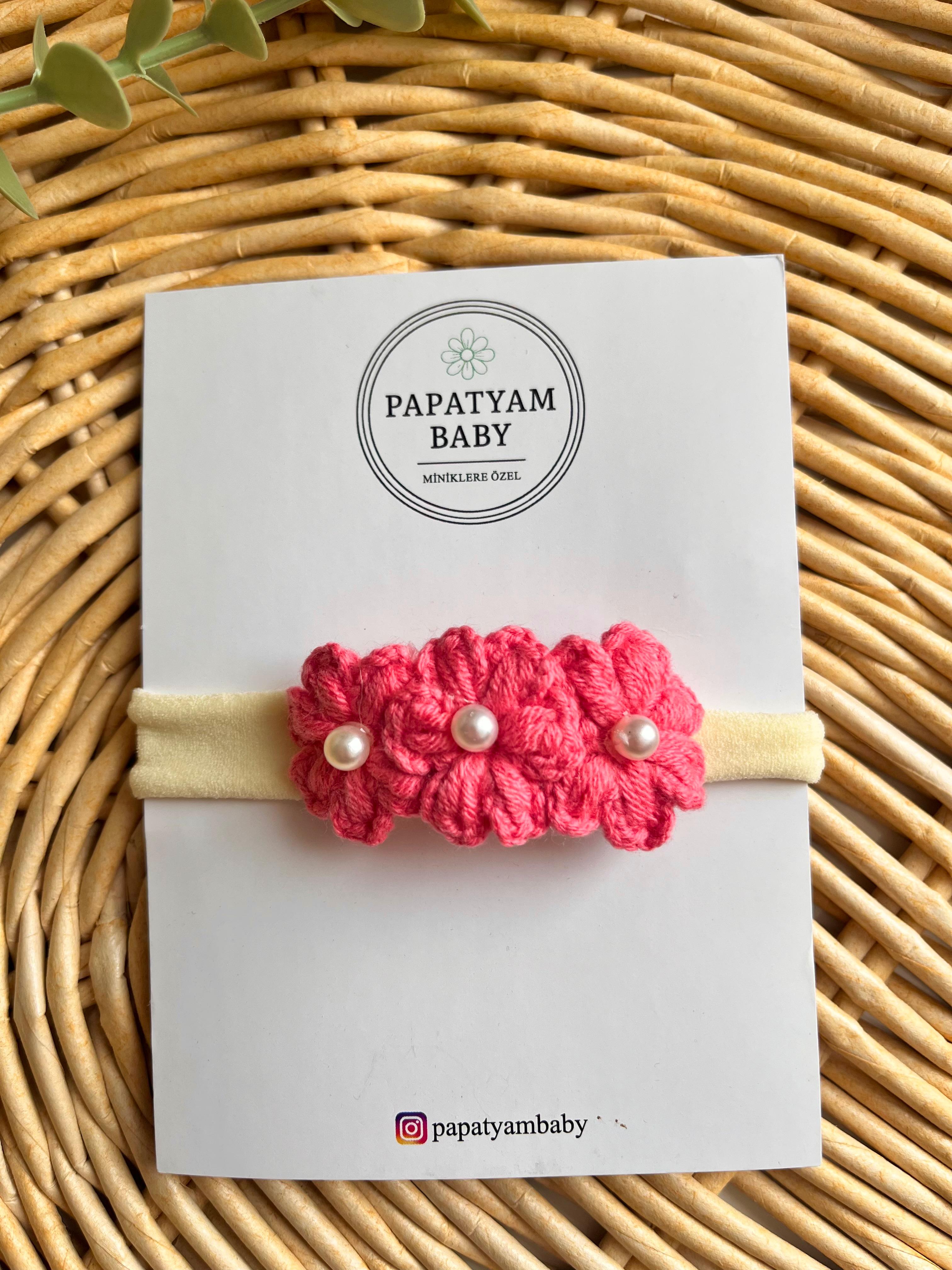 İncili Üçlü Örgü Bandana Fuşya Pembe