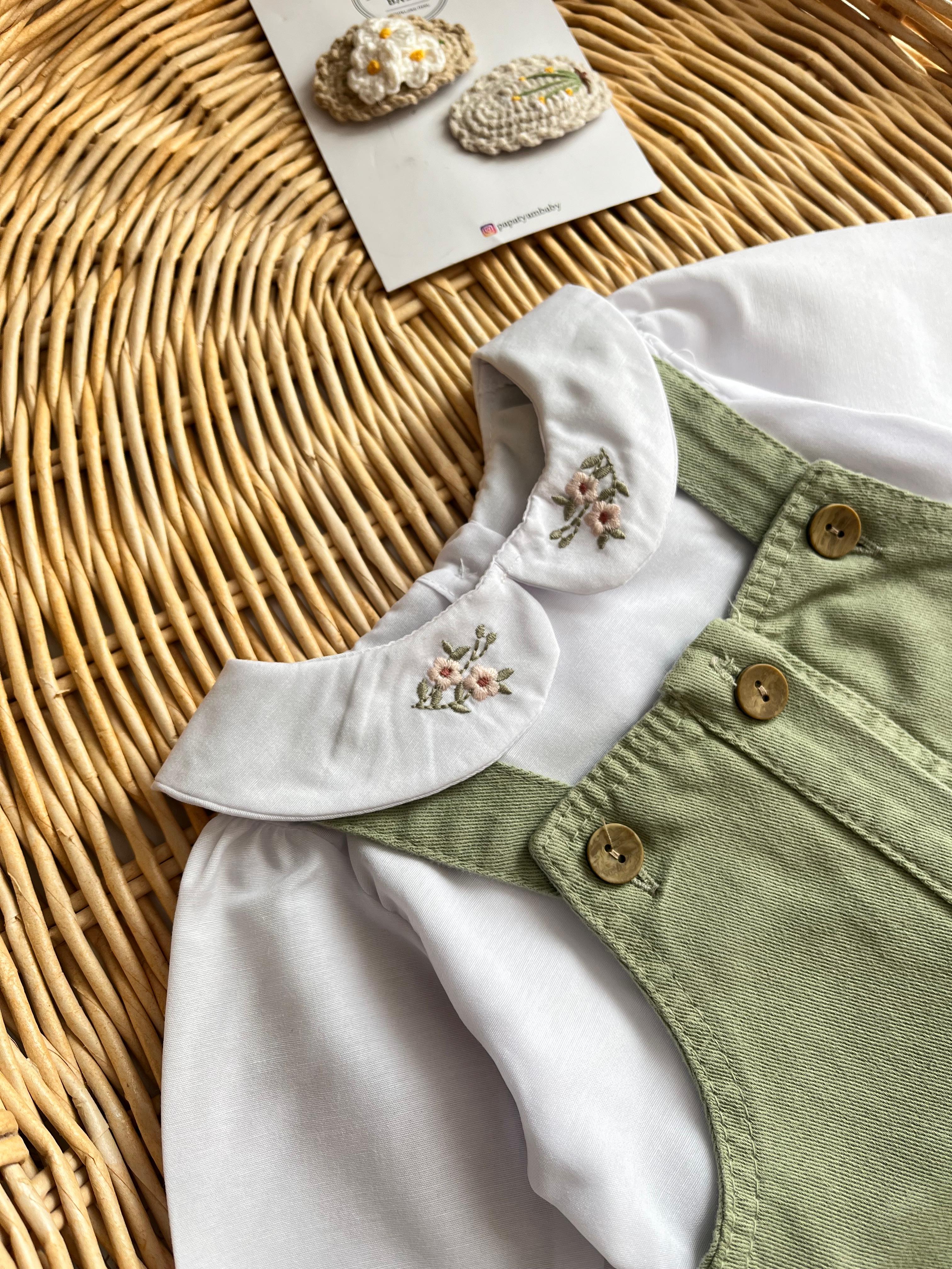 Çiçek Nakış Yaka Bluz Düğmeli Yeşil Kot Jile Elbise 2'li 