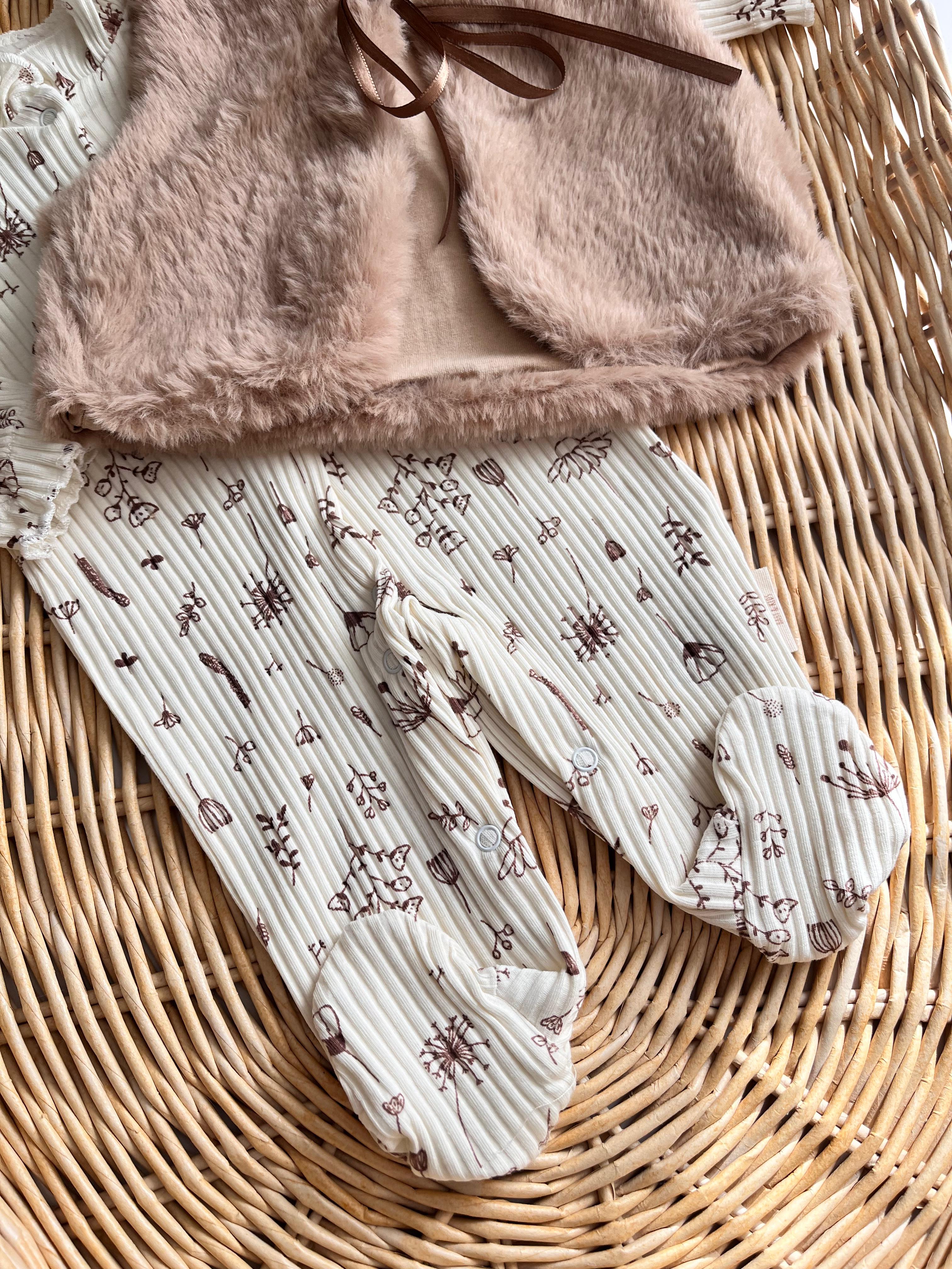 Peluş Yelekli Karahindiba Çiçeği Desenli 2'li Tulum Kahve