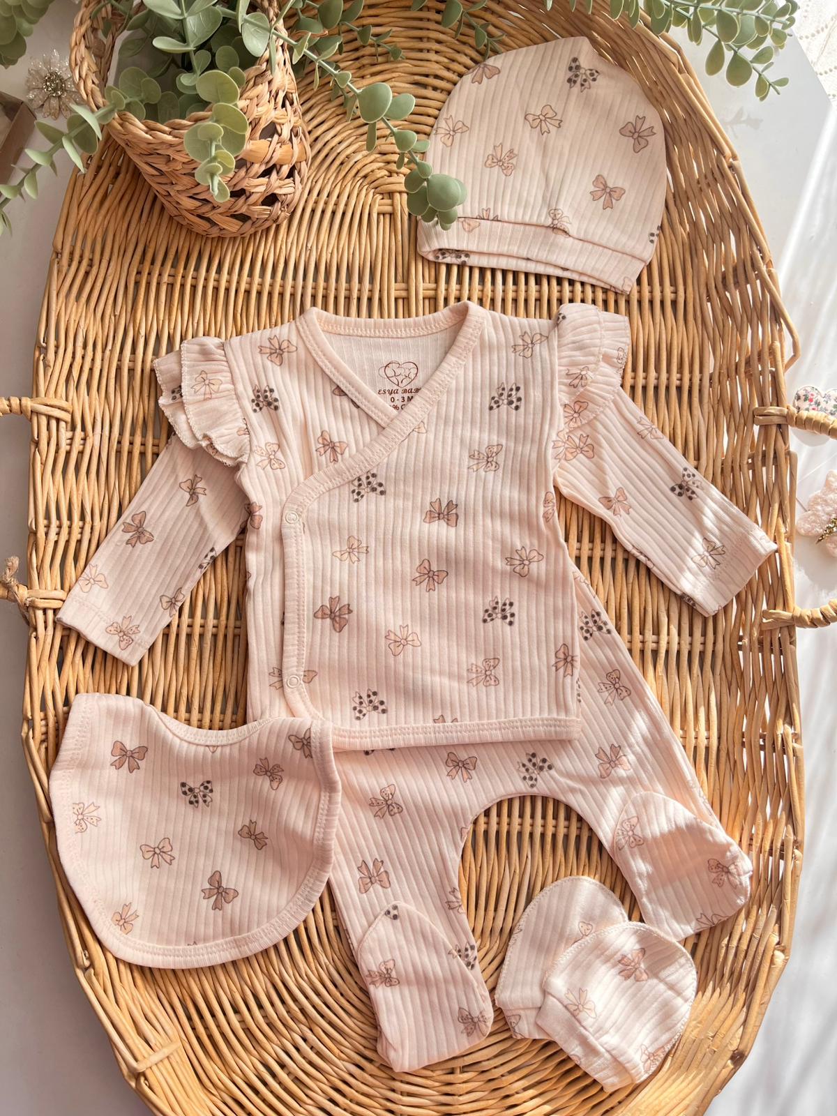 %100 Pamuk Kurdele Desen Omuz Detaylı 5'li Yenidoğan Set Kahve