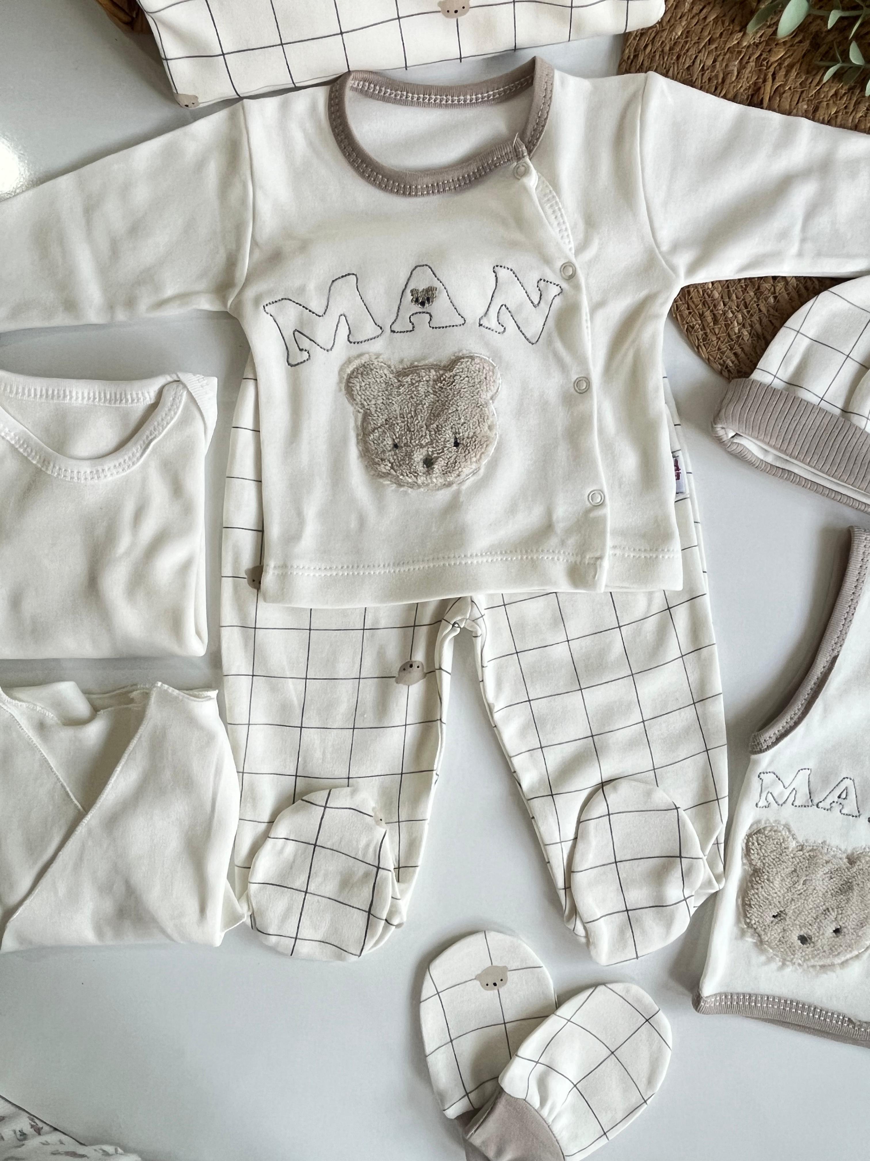 Erkek Bebek %100 Pamuk Ayıcık Nakış Man Yazılı Yenidoğan Set