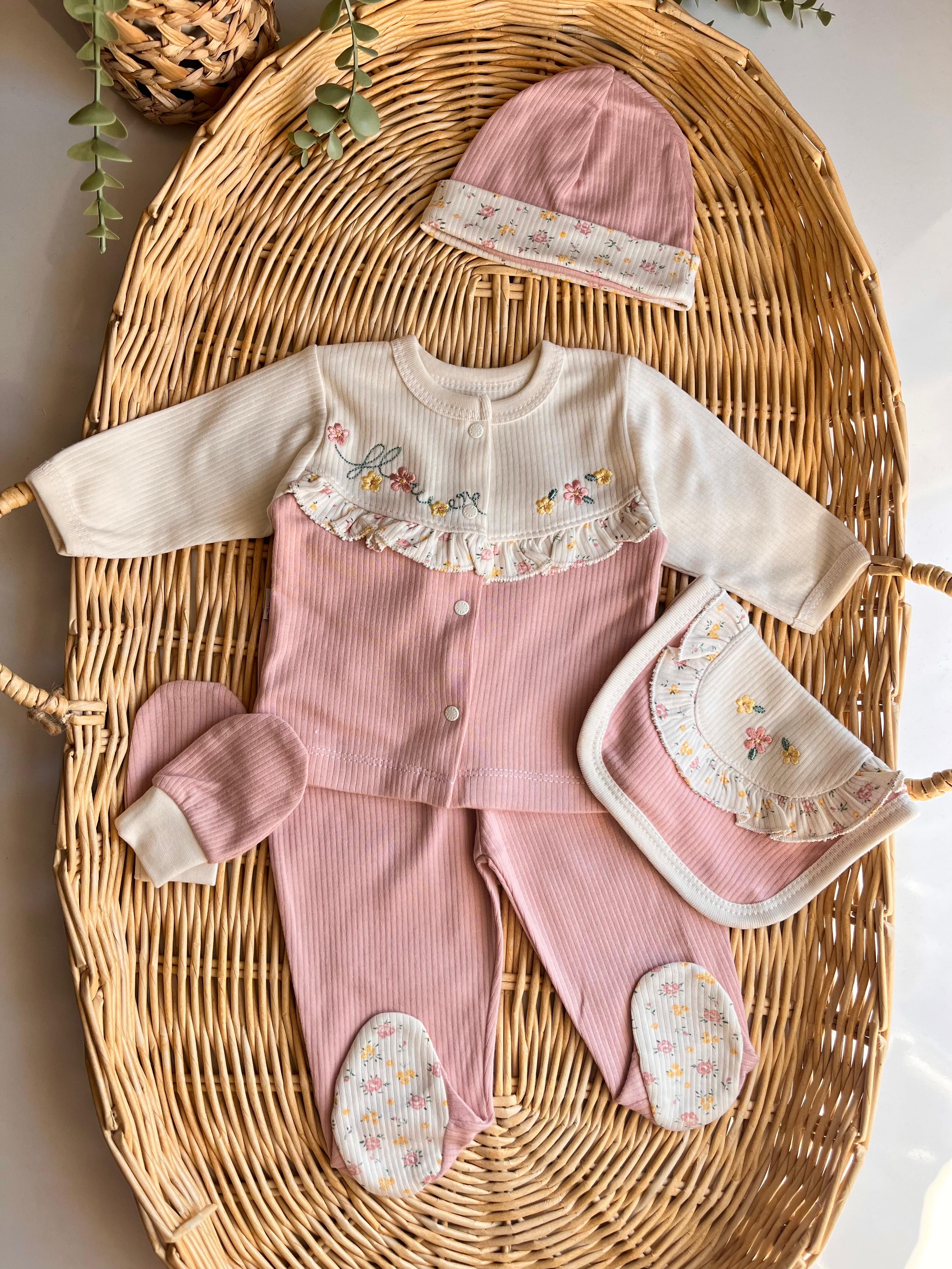 Flower Çiçek Nakış 5'li Yenidoğan Set