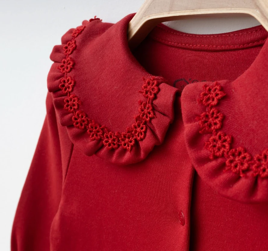 %100 Pamuk Red Love Bandanalı Yaka Çiçek Nakış Detaylı Tulum