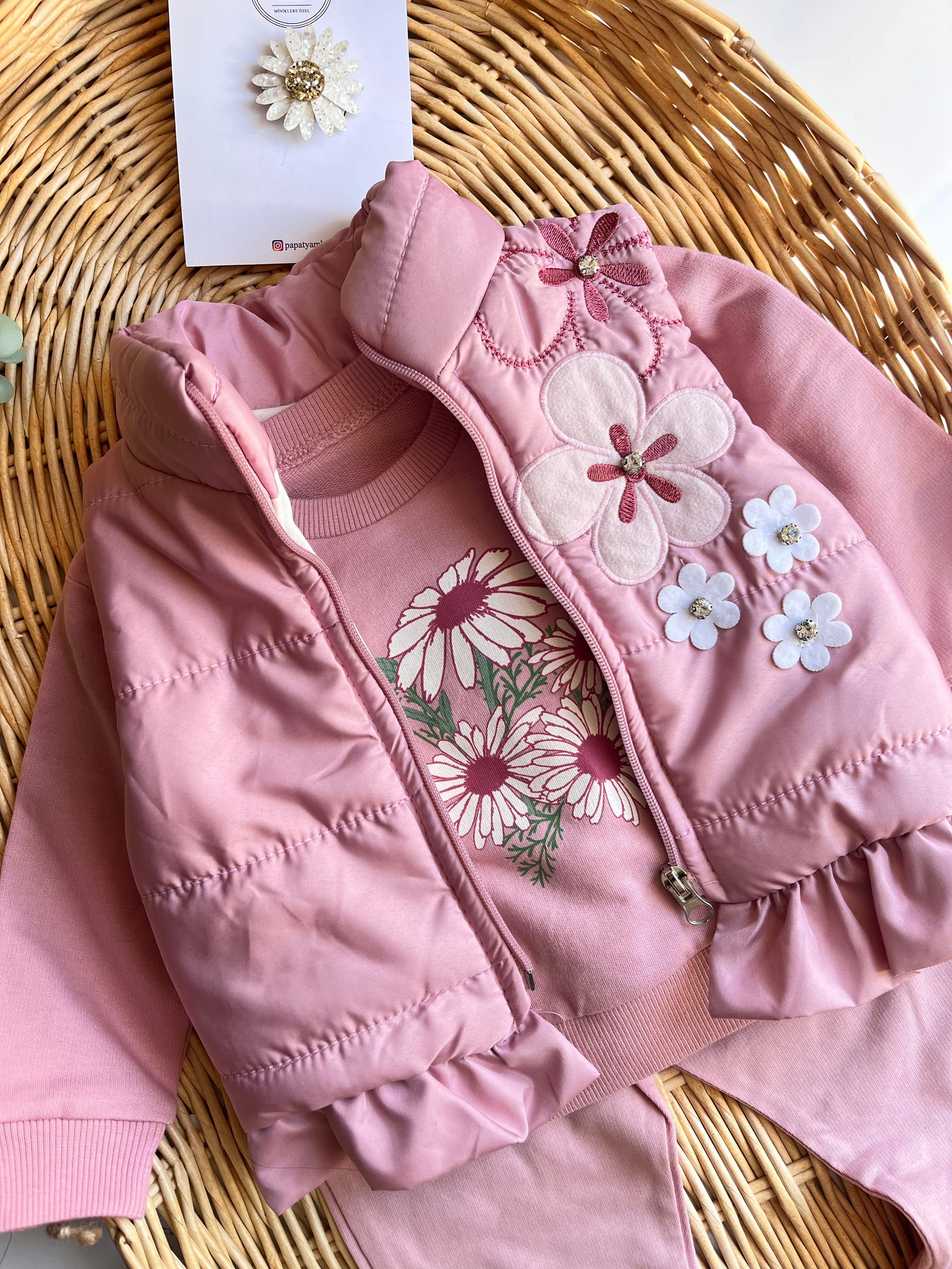 Çiçek Nakış Şişme Yelekli Fırfır Detay Tshirt Alt 3'lü Takım