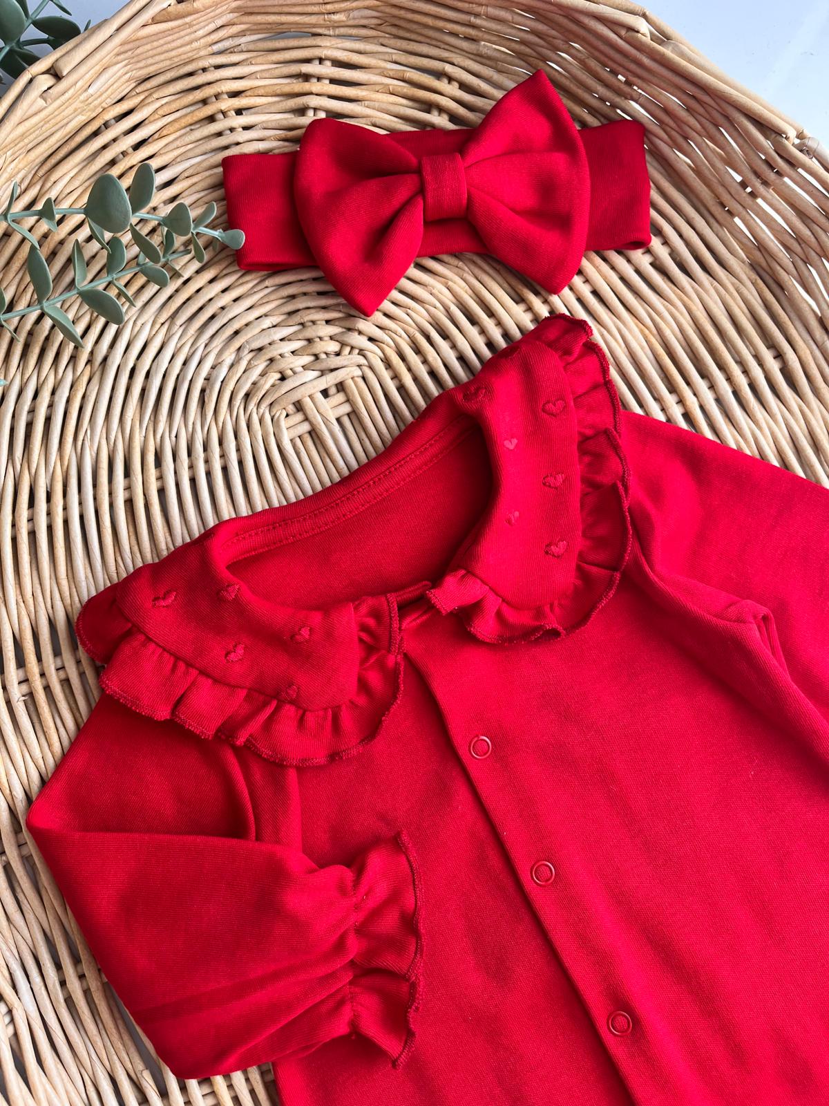 %100 Pamuk Kalp Nakış yakalı Bandanalı Tulum Kırmızı