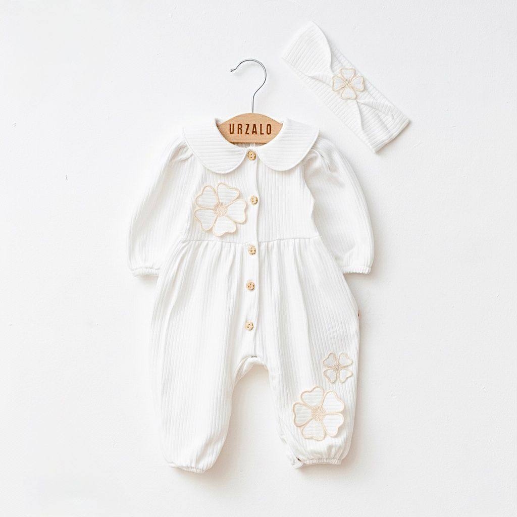 %100 Pamuk Daisell Çiçek Nakış Detay Bandanalı Tulum Ekru