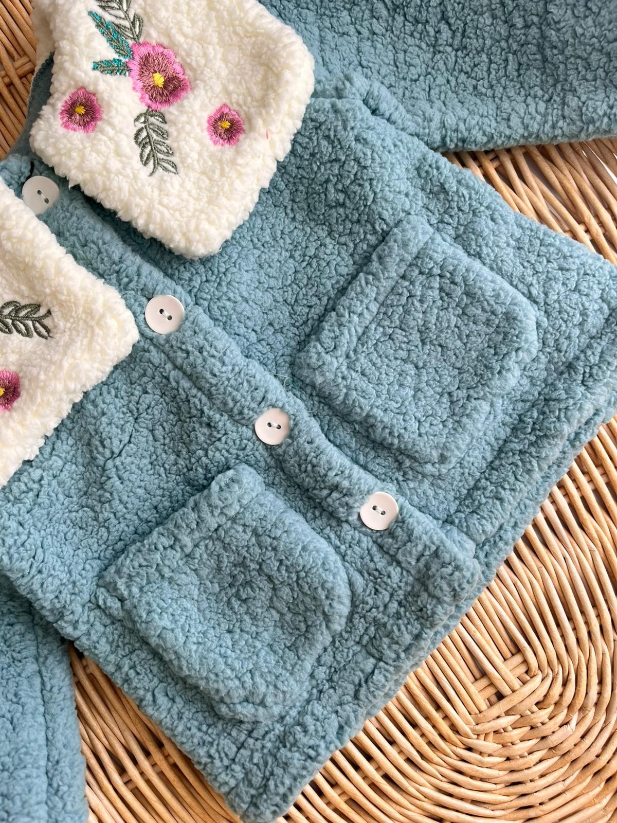 Çiçek Nakış Yaka Peluş Ceket Mint Yeşili