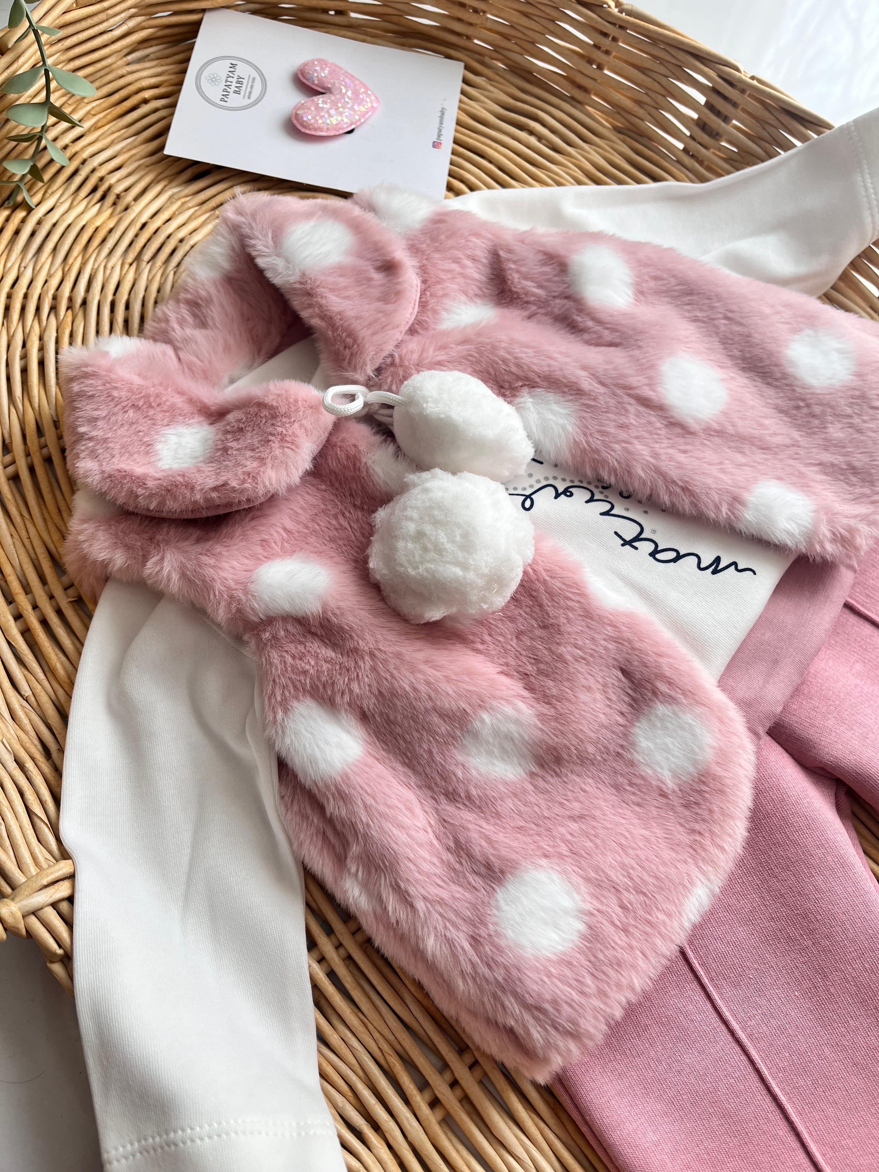 Ponpon Peluş Yelekli Tshirt Alt 3'lü Takım