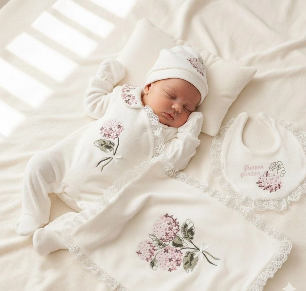 Premium Kadife Ortanca Nakış Detaylı Dantel Kenar Battaniye Şapka Eldiven Önlük 5 Parça Tulum Set Ekru Kutulu Ürün