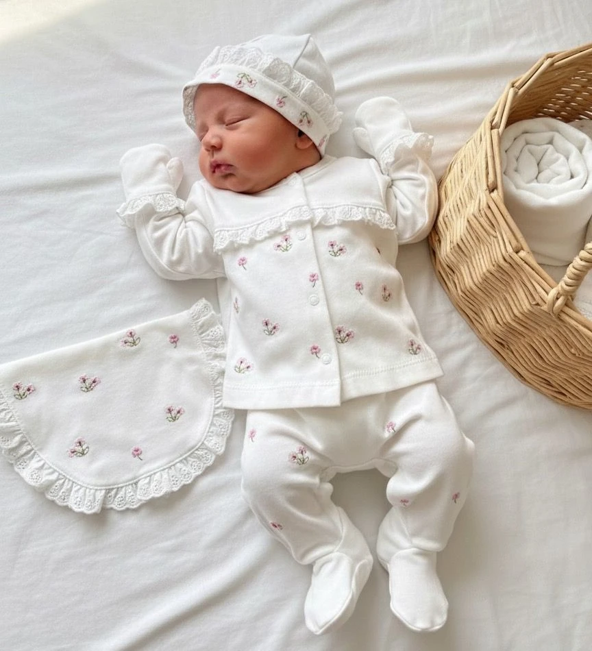 %100 Pamuk Fisto Detay Çiçek Nakış 5'li Yenidoğan Set Ekru