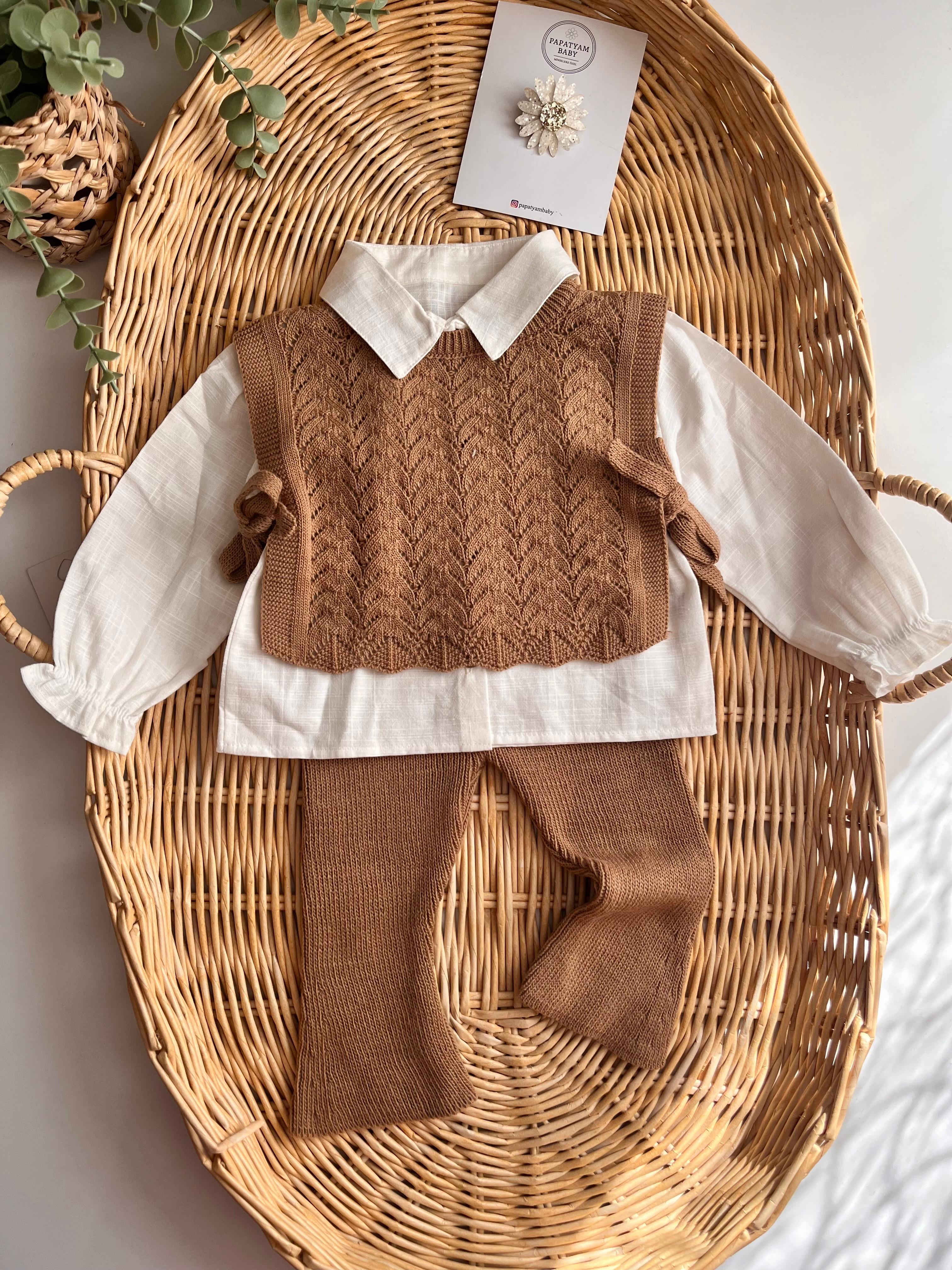 Triko Süveterli Gömlek Alt 3'lü Takım Kahve