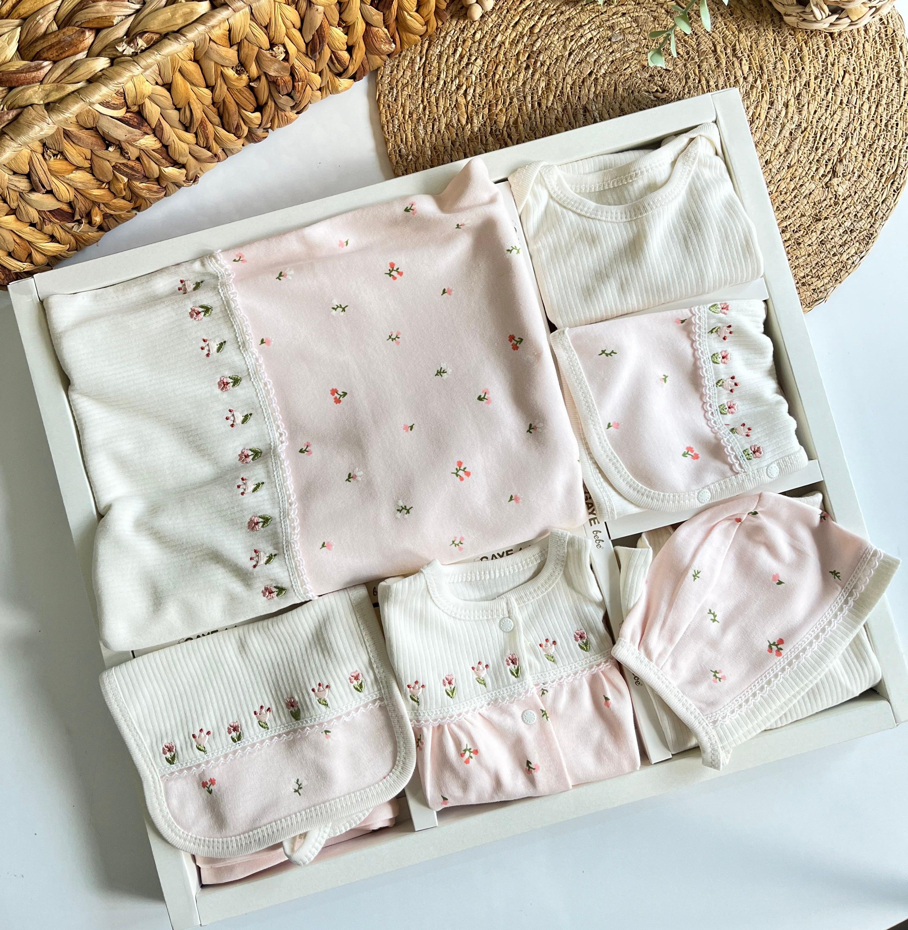 %100 Pamuk Lady Çiçek Nakış 10 Parça Yenidoğan Set