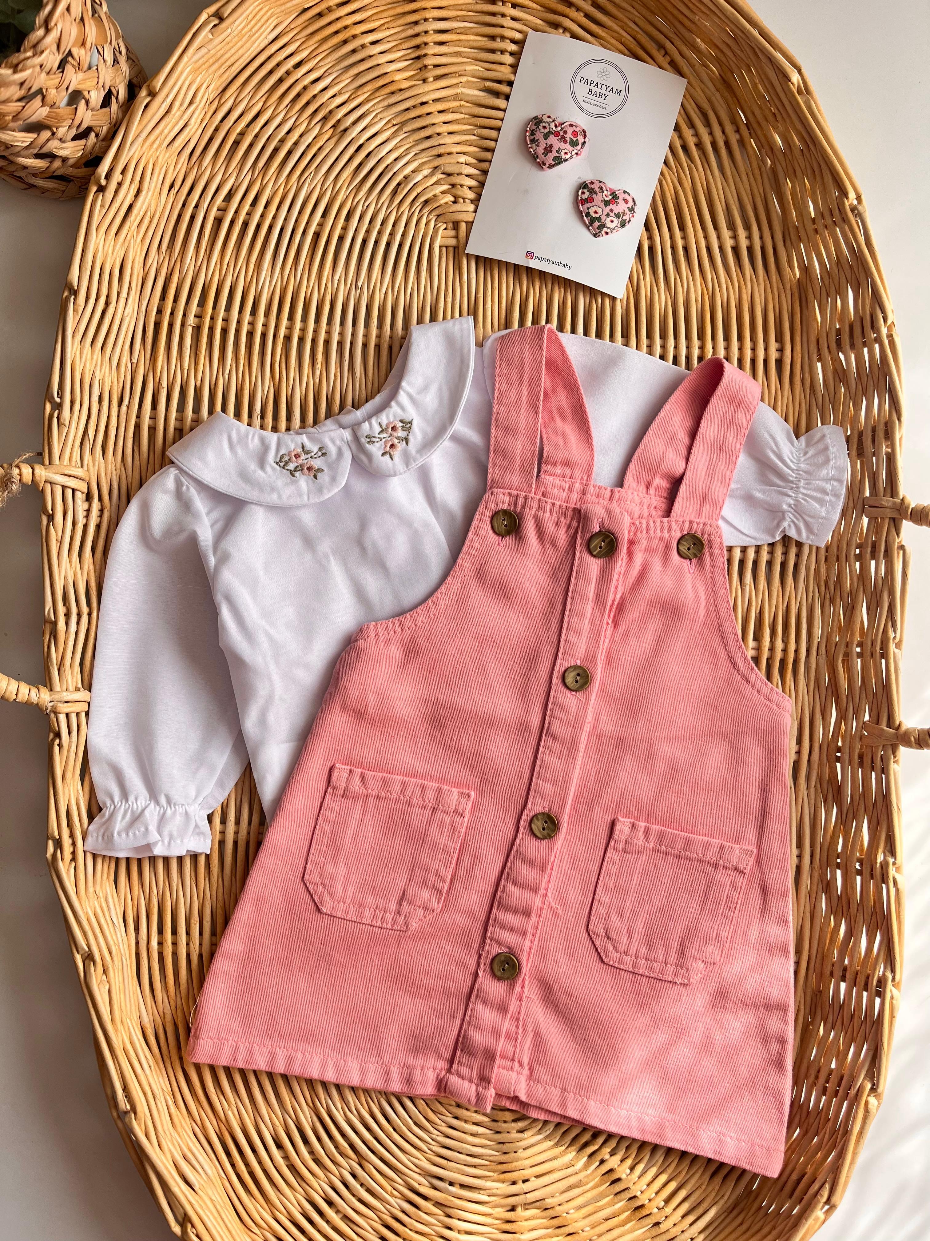 Çiçek Nakış Yaka Bluz ve Düğmeli Pembe Kot Jile Elbise 2'li 