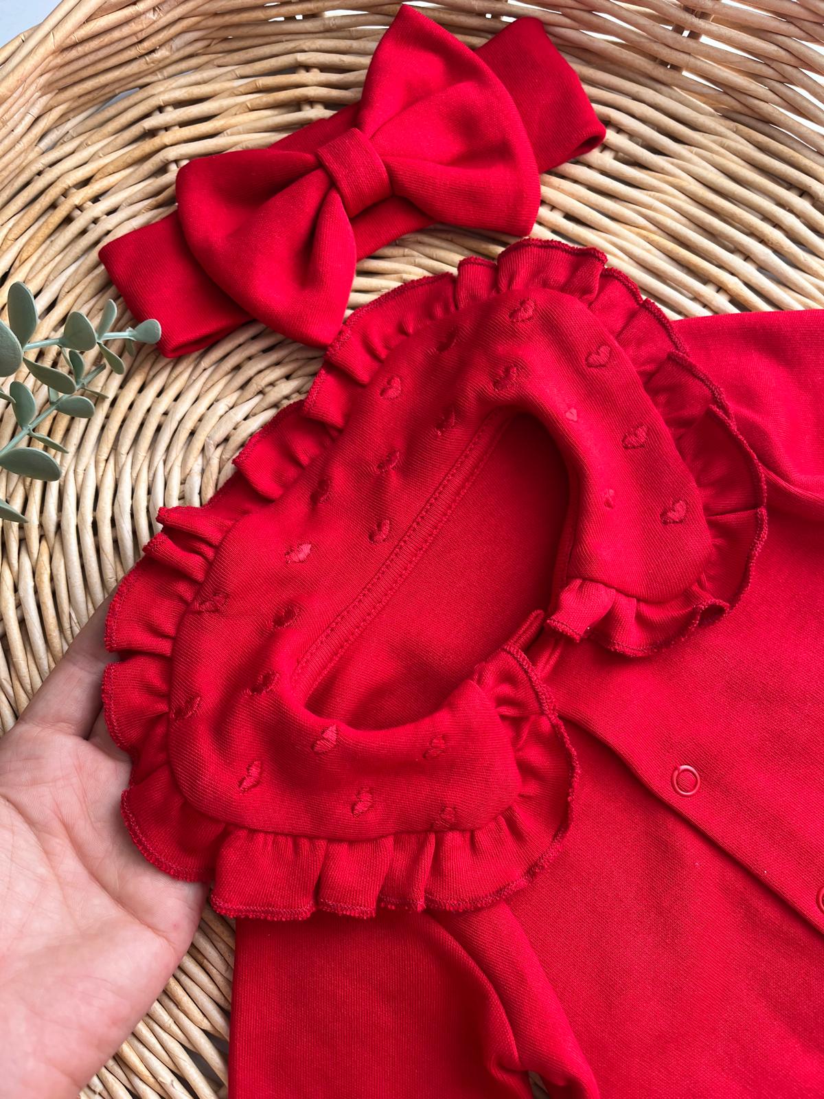 %100 Pamuk Kalp Nakış yakalı Bandanalı Tulum Kırmızı