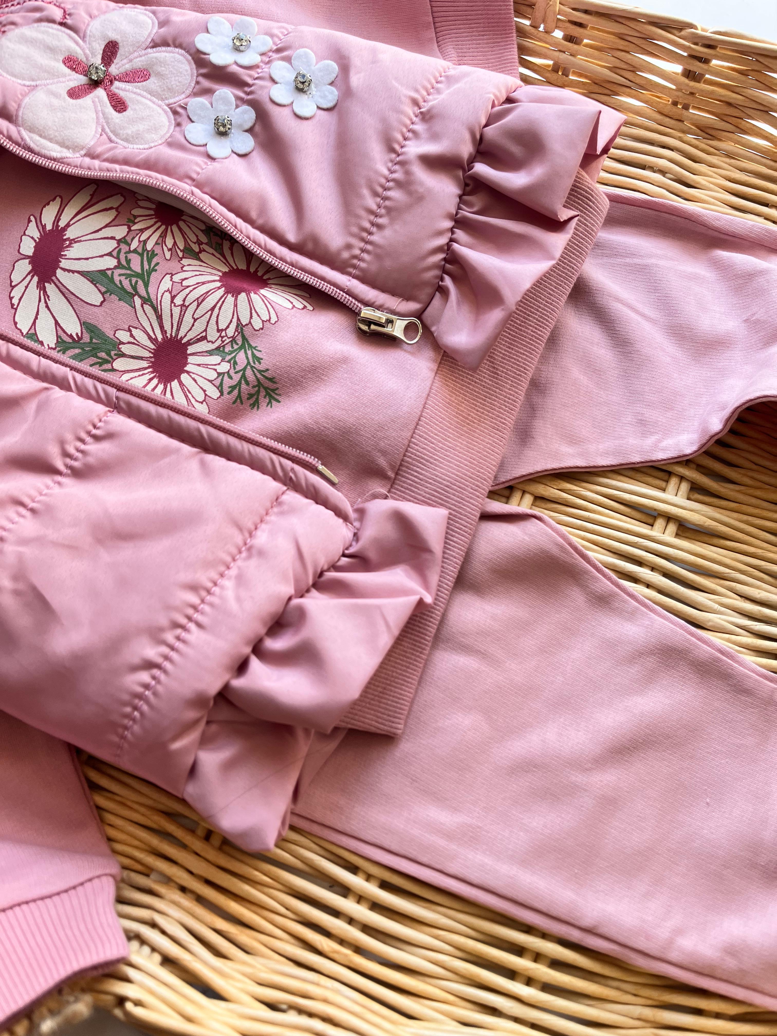 Çiçek Nakış Şişme Yelekli Fırfır Detay Tshirt Alt 3'lü Takım