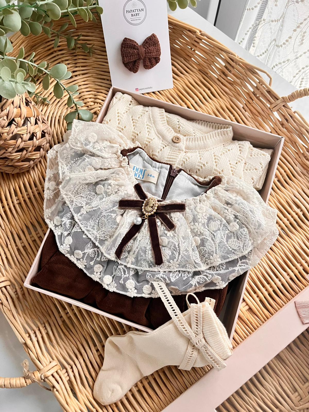 Kadife Premium Elbise Çorap Triko Hırka 3'lü Özel Kutulu Set Kahve