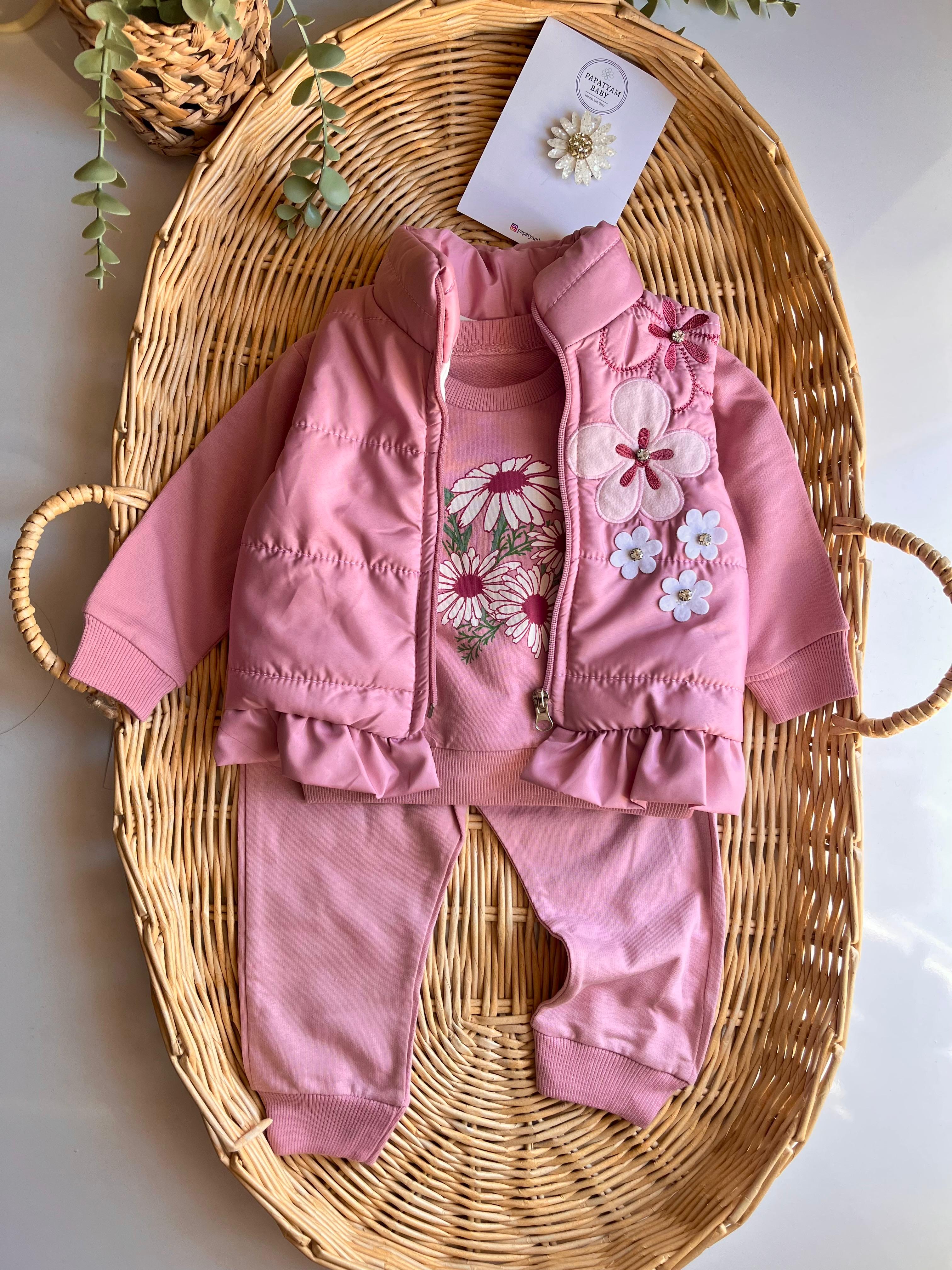 Çiçek Nakış Şişme Yelekli Fırfır Detay Tshirt Alt 3'lü Takım