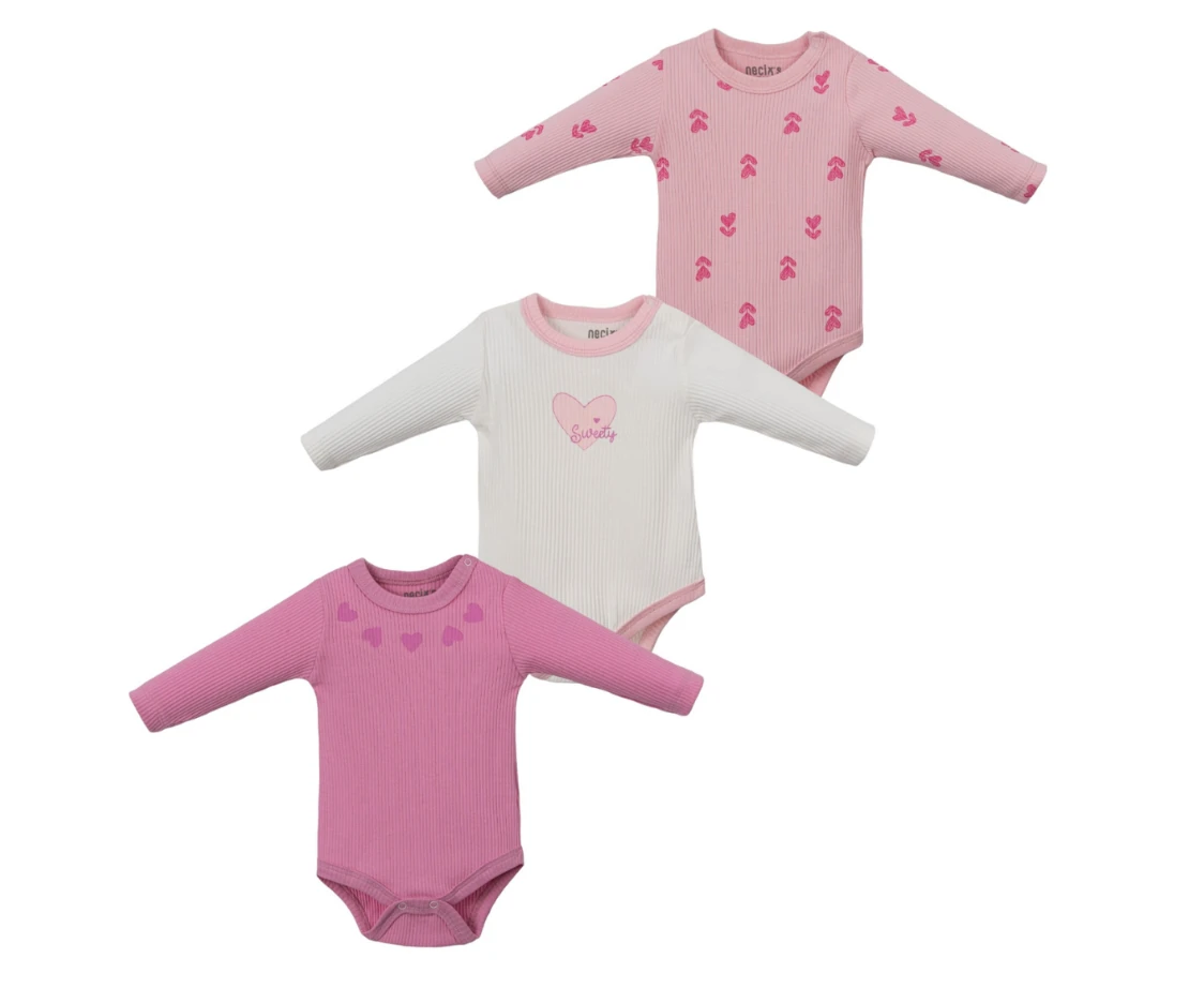 %100 Pamuk Kalp Nakışlı 3'lü Body