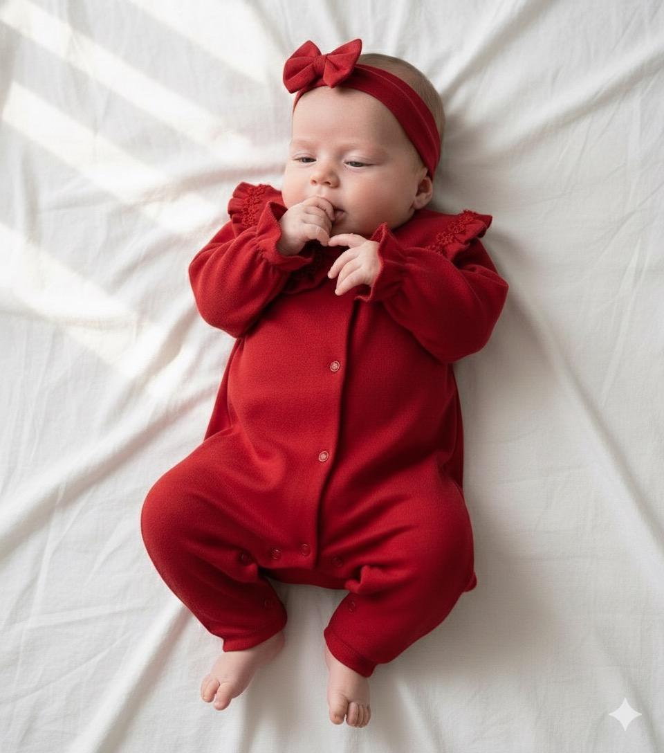 %100 Pamuk Red Love Bandanalı Yaka Çiçek Nakış Detaylı Tulum