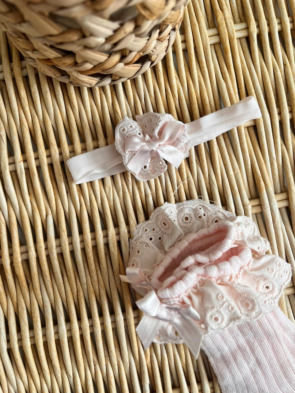 Fisto Kenarlı Fiyonk Detay Dil Altı Çorap ve Bandana 2'li Pembe