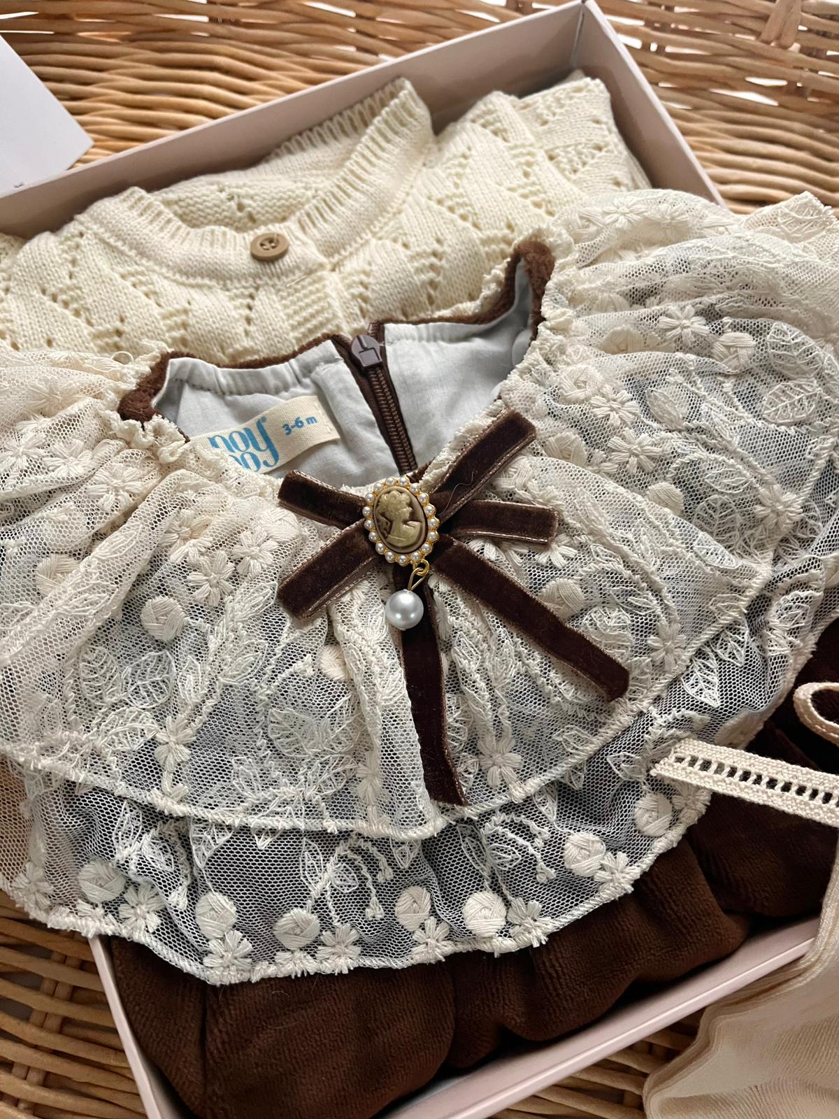 Kadife Premium Elbise Çorap Triko Hırka 3'lü Özel Kutulu Set Kahve