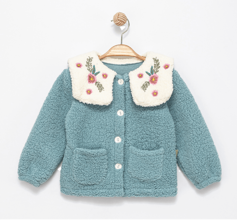 Çiçek Nakış Yaka Peluş Ceket Mint Yeşili