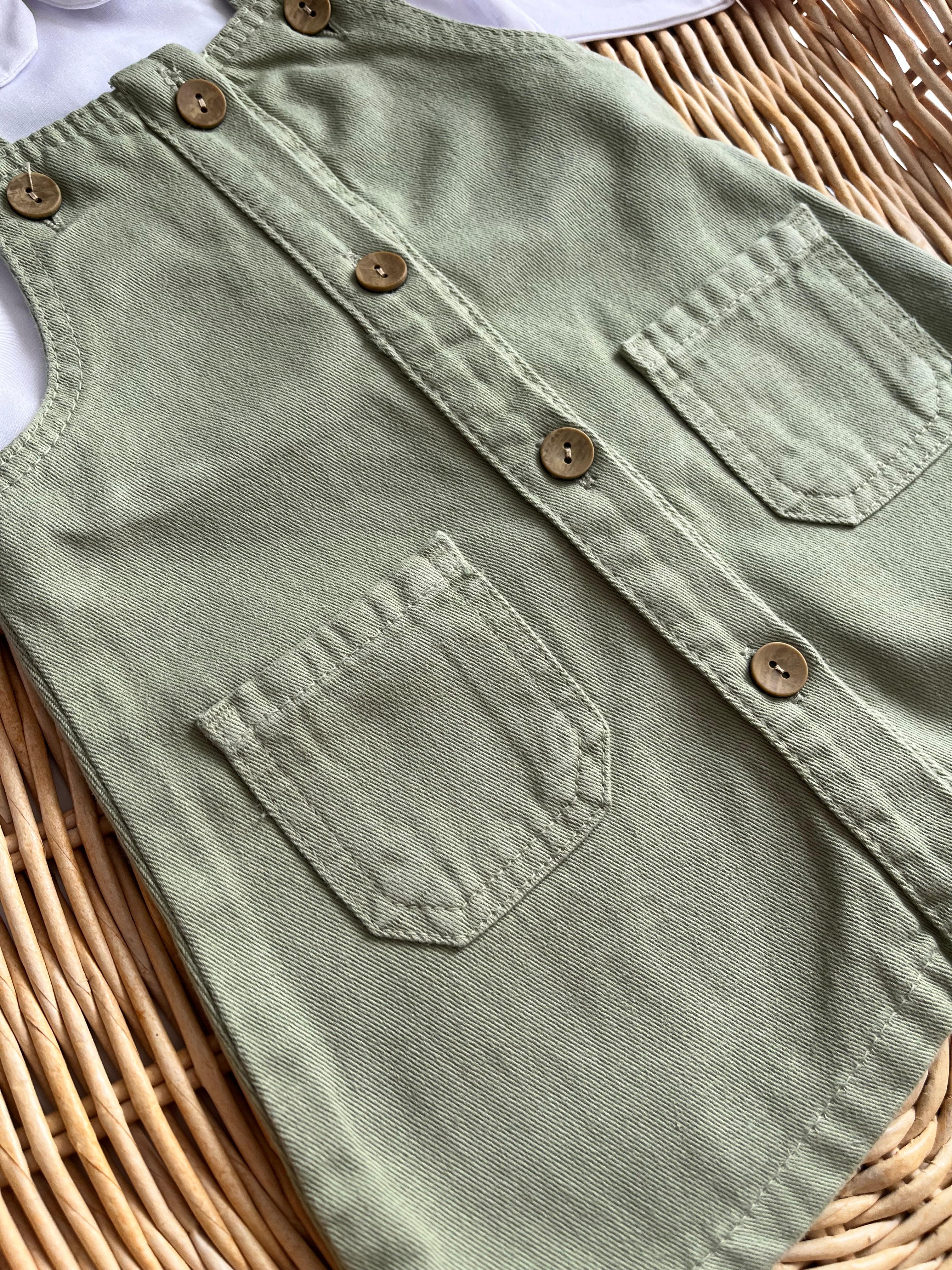 Çiçek Nakış Yaka Bluz Düğmeli Yeşil Kot Jile Elbise 2'li 