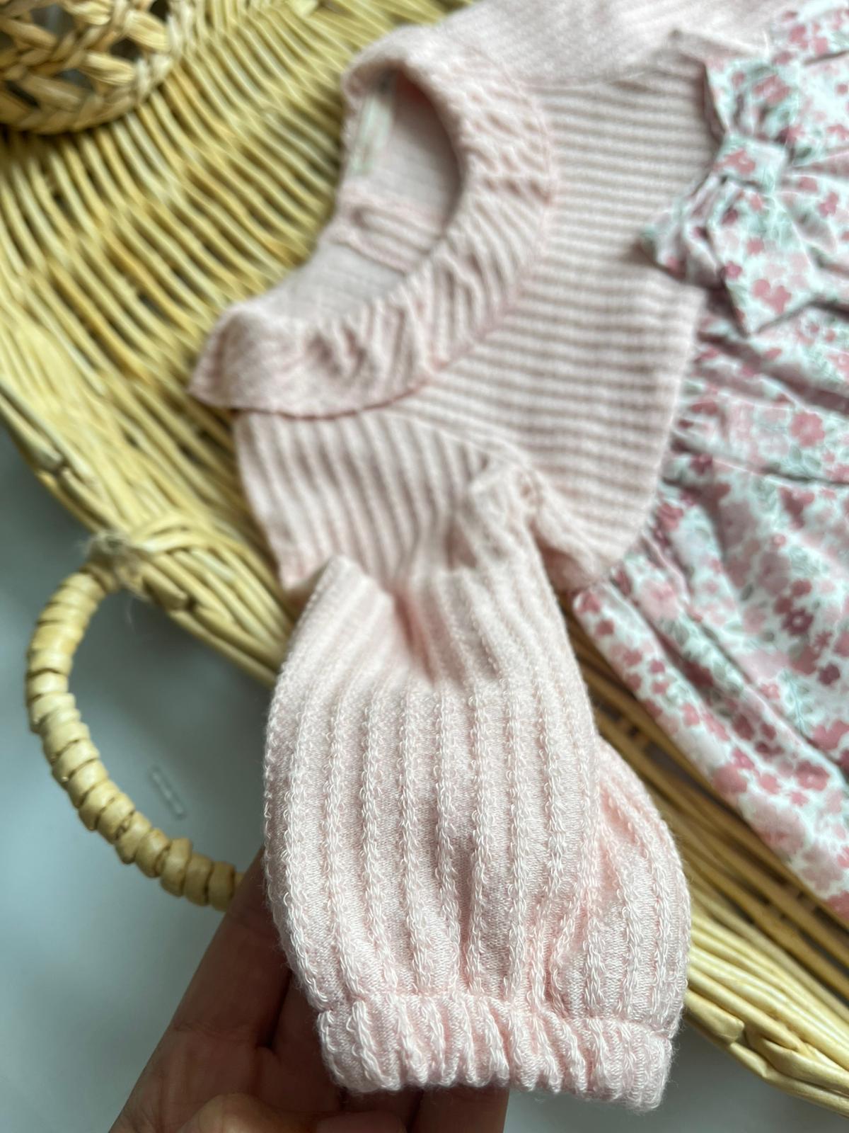 Rose Çıtır Çiçekli Fiyonk Detay Elbise Pembe