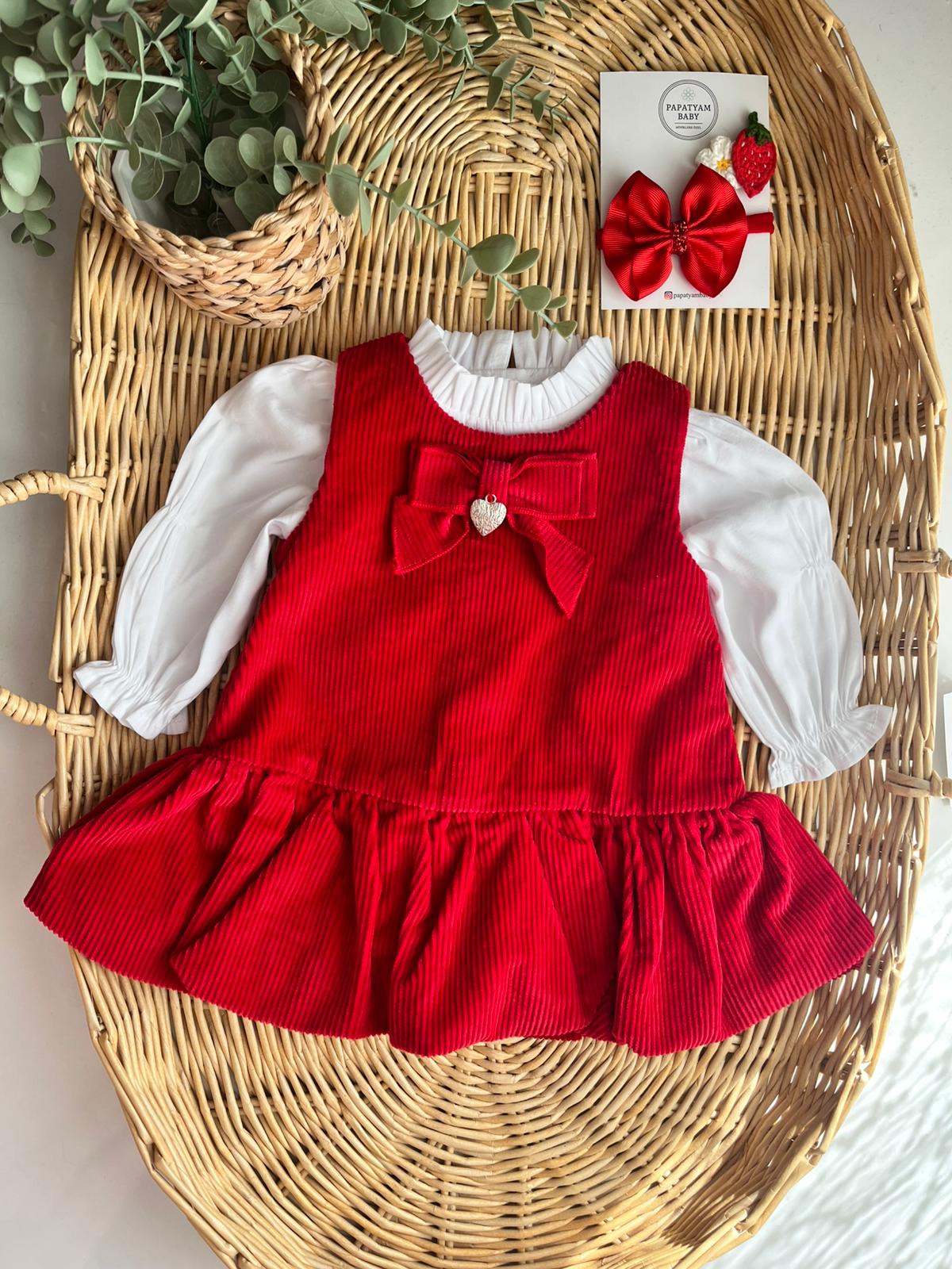 İlenia Kadife Balon etek Elbise Gömlek 2'li Kırmızı