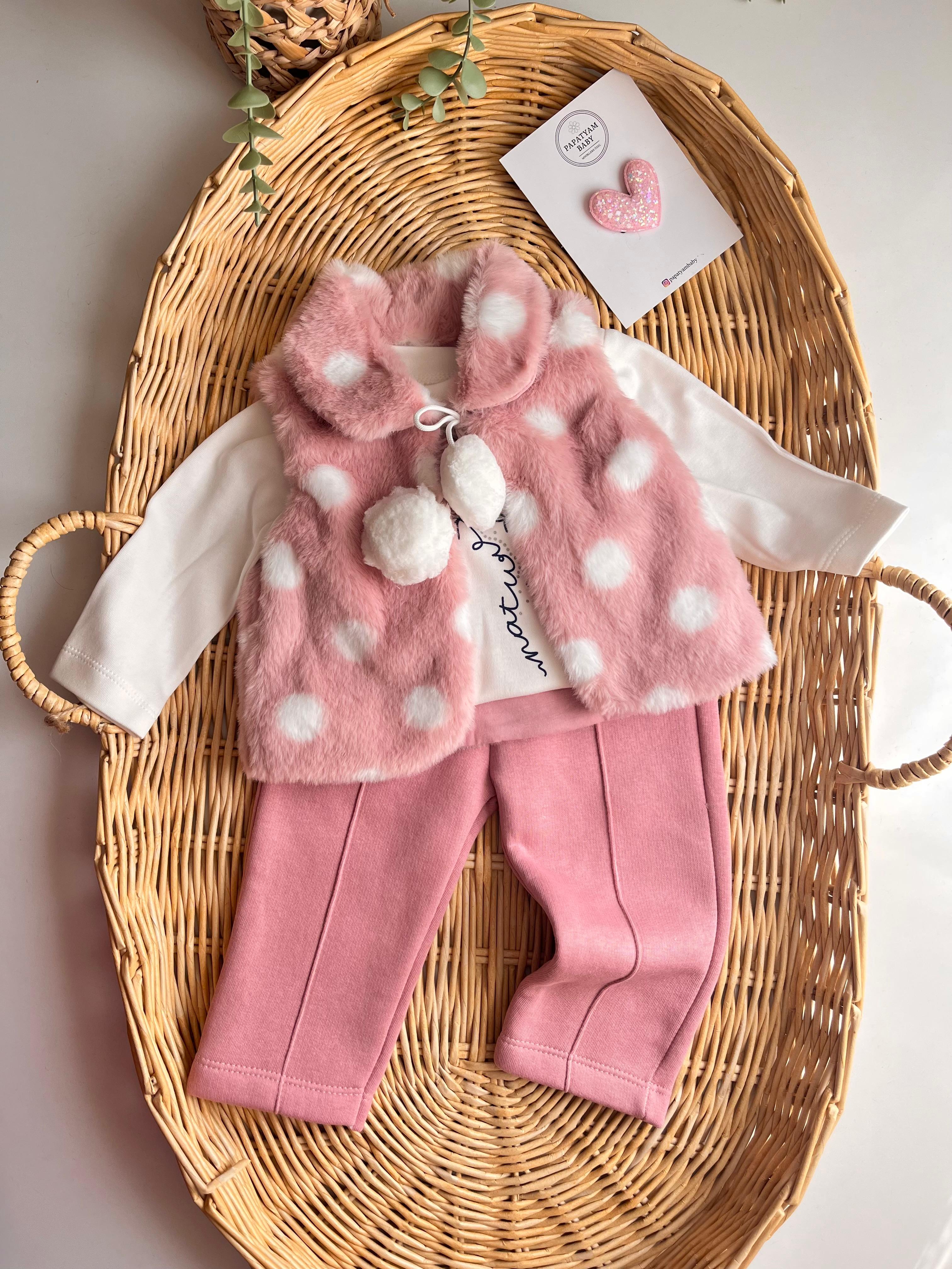 Ponpon Peluş Yelekli Tshirt Alt 3'lü Takım