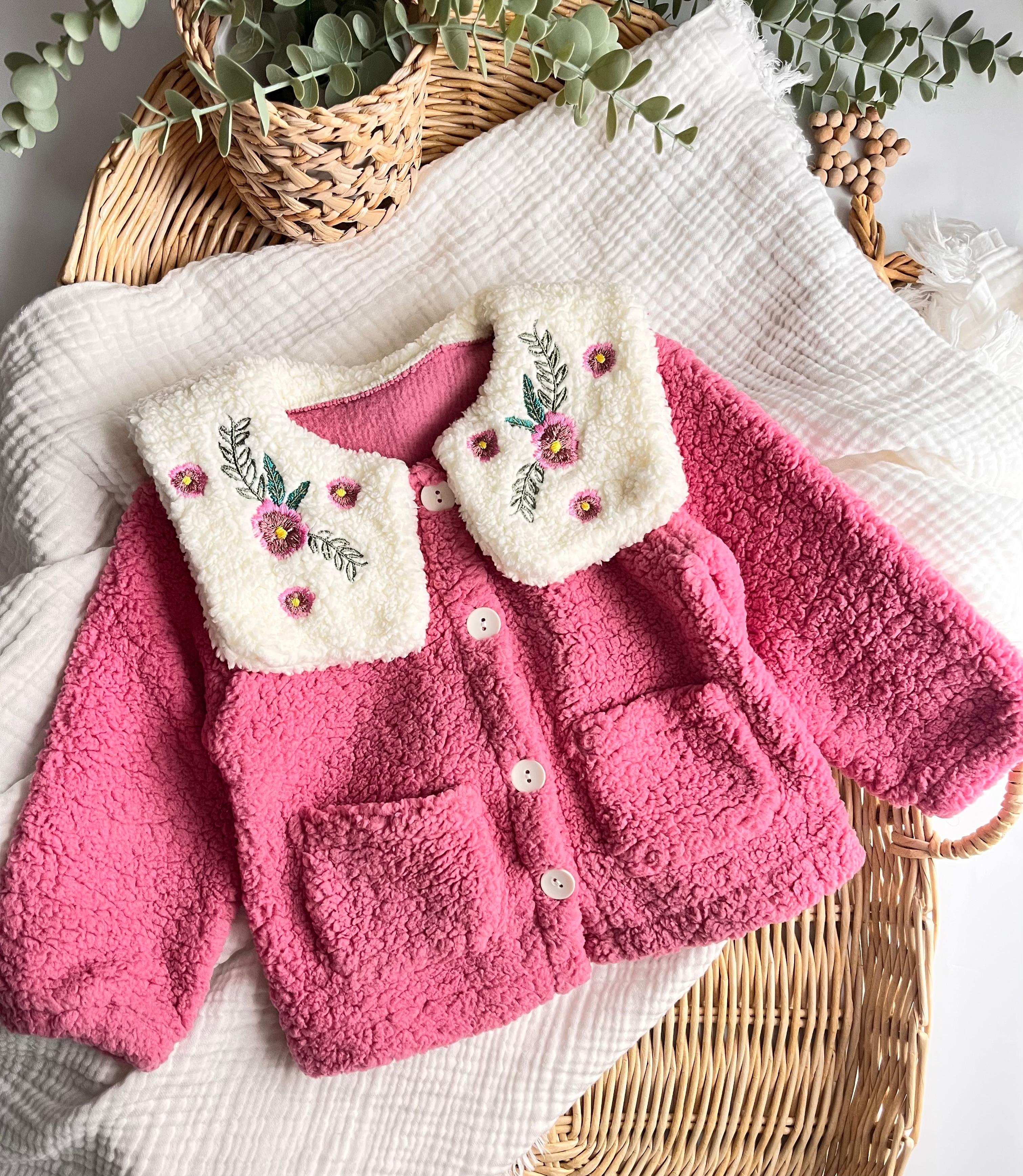 Çiçek Nakış Yakalı Peluş Ceket Pembe