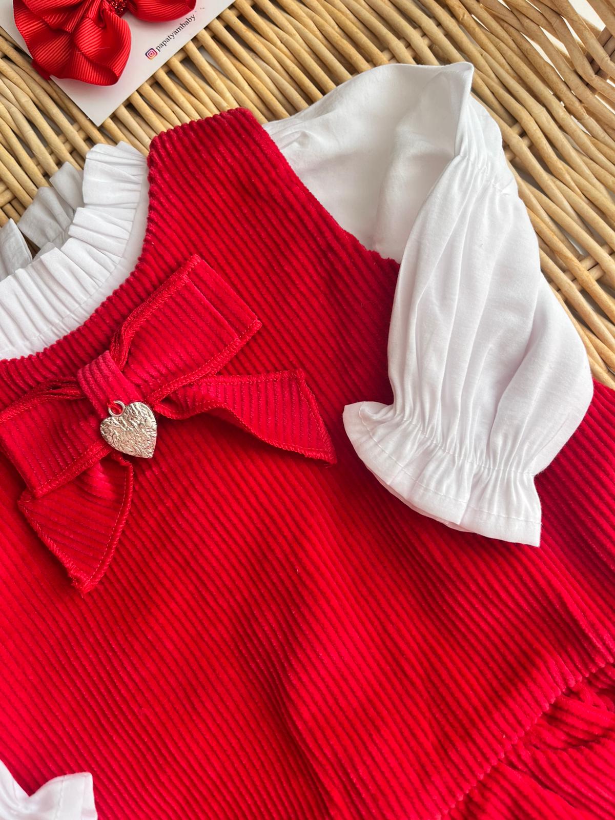 İlenia Kadife Balon etek Elbise Gömlek 2'li Kırmızı