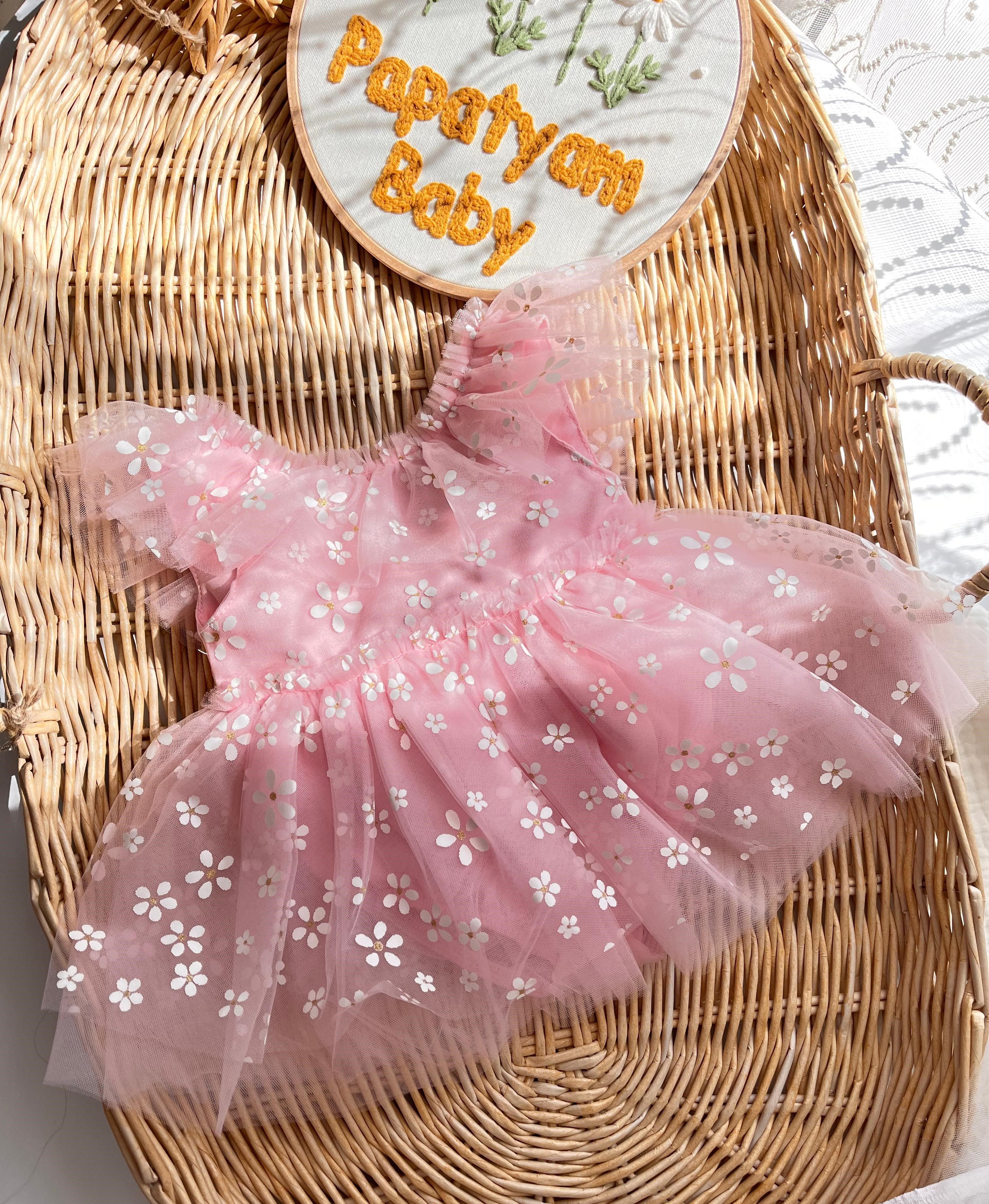 Bloom Papatya Desen Arkası Bağlamalı V sırt Detay Tül Elbise Pembe