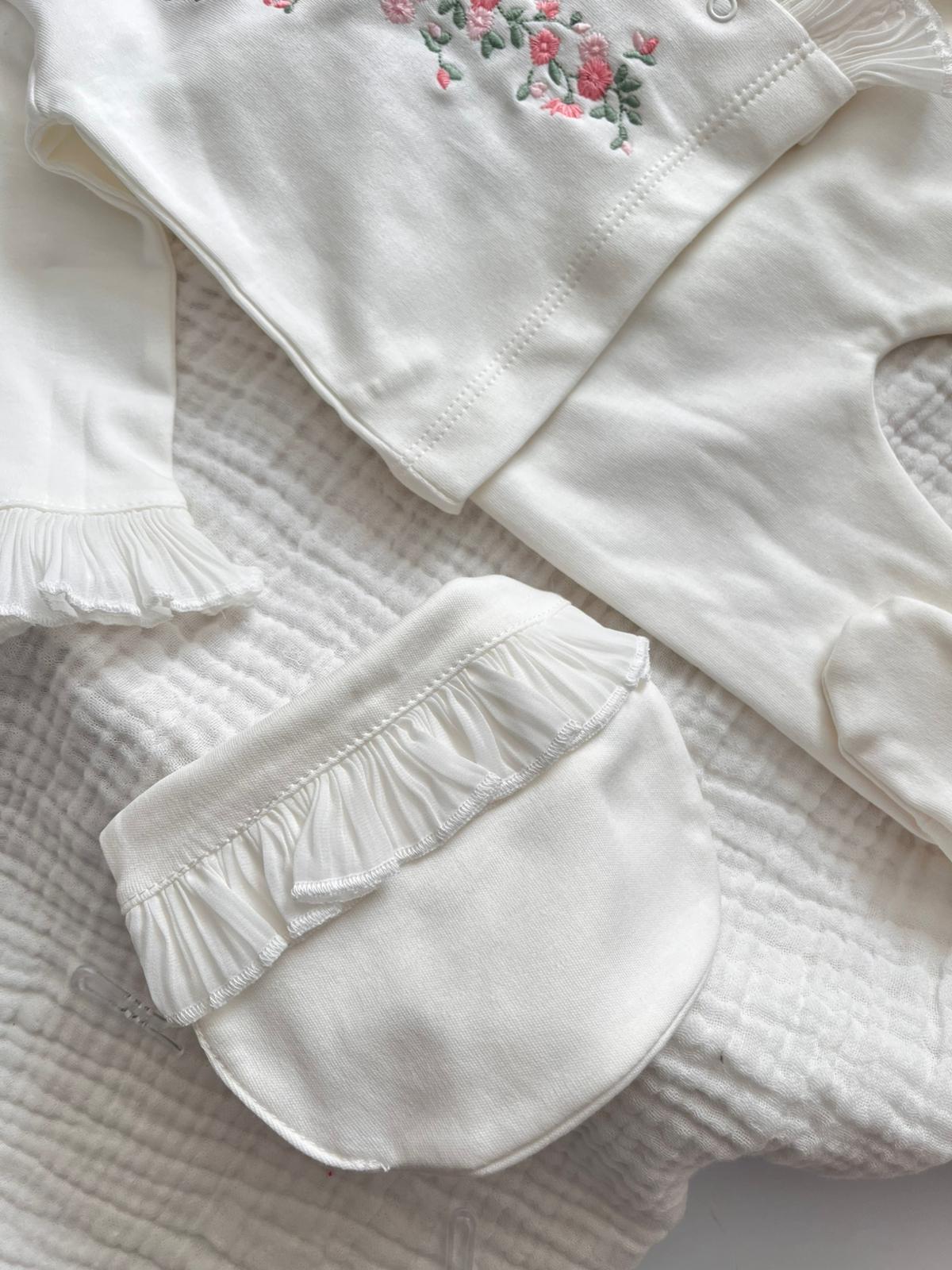 Perla %100 Pamuk premium Çiçek Nakış 5'li Yenidoğan set Ekru