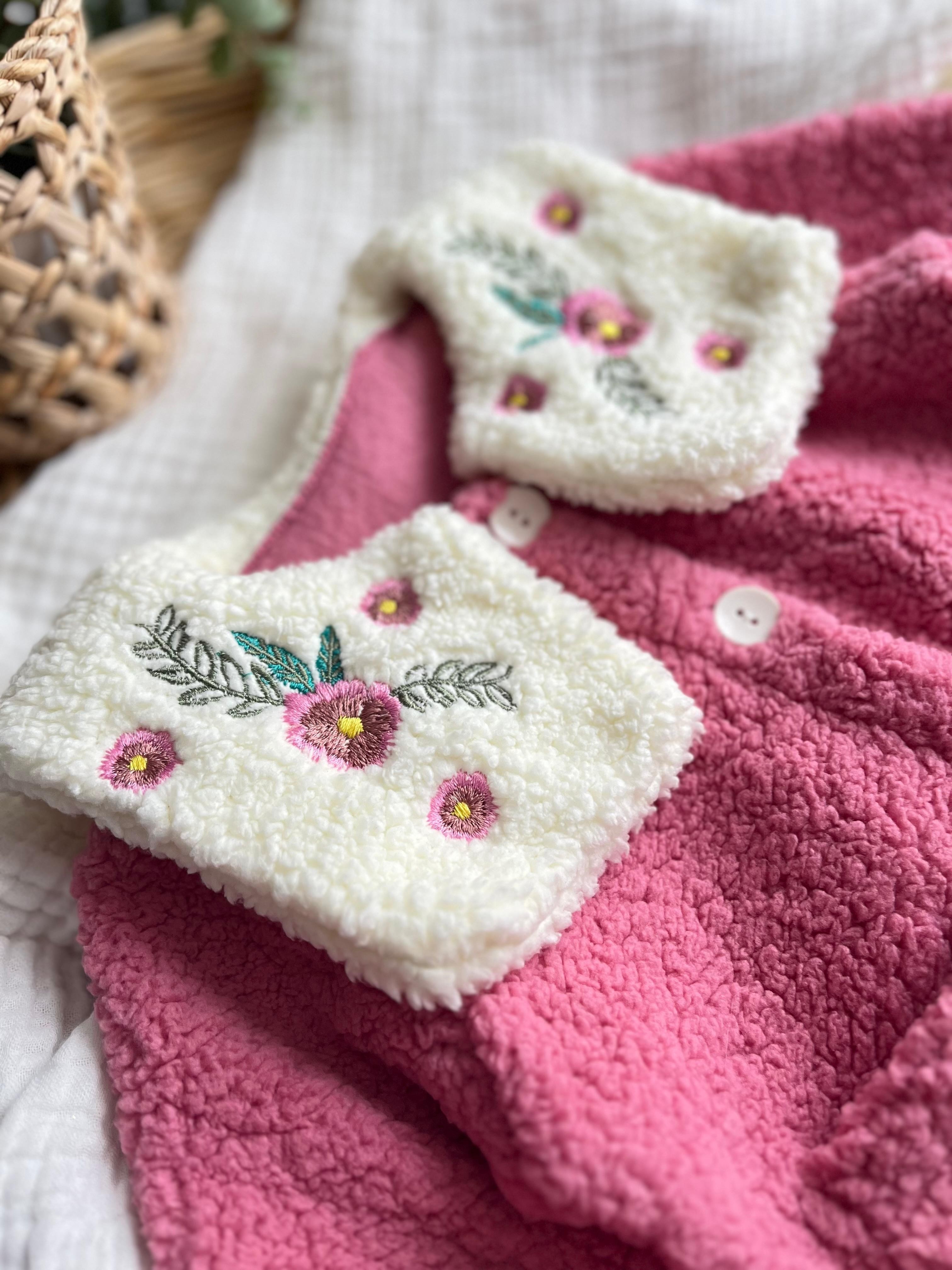 Çiçek Nakış Yakalı Peluş Ceket Pembe